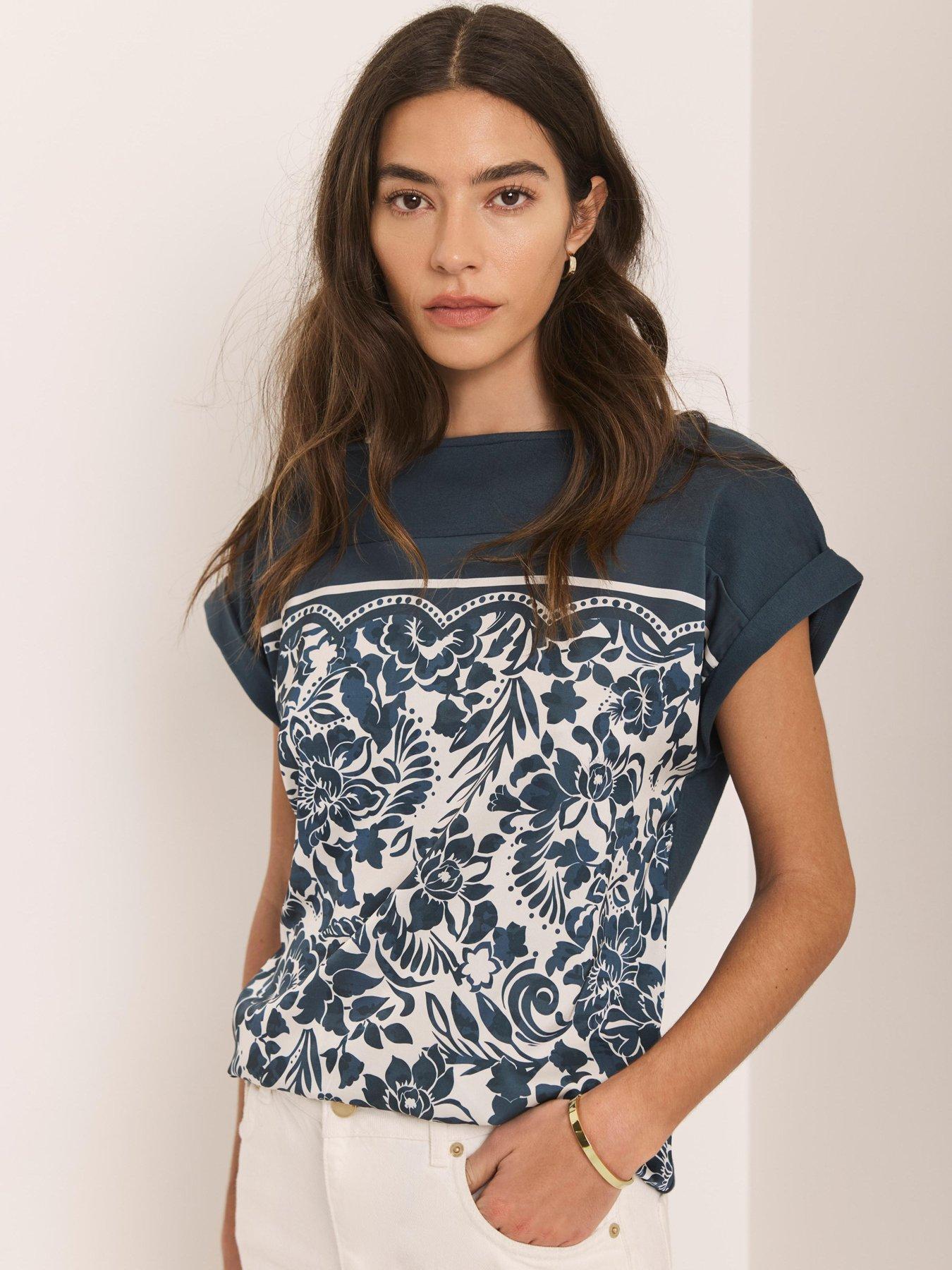 Mint Velvet Floral Print Woven Mix Top - Navy