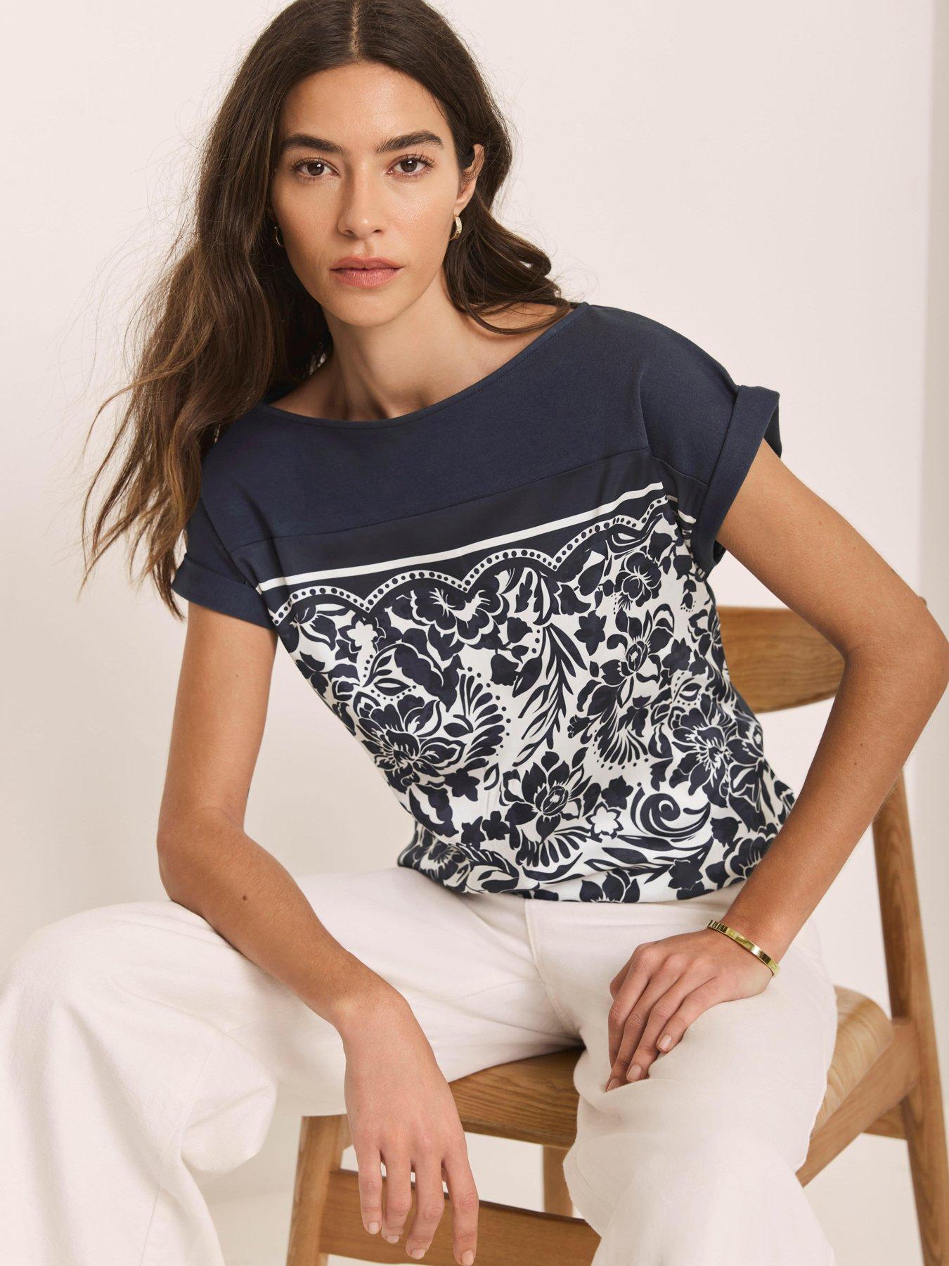 Image 2 of 6 of Mint Velvet Floral Print Woven Mix Top - Navy