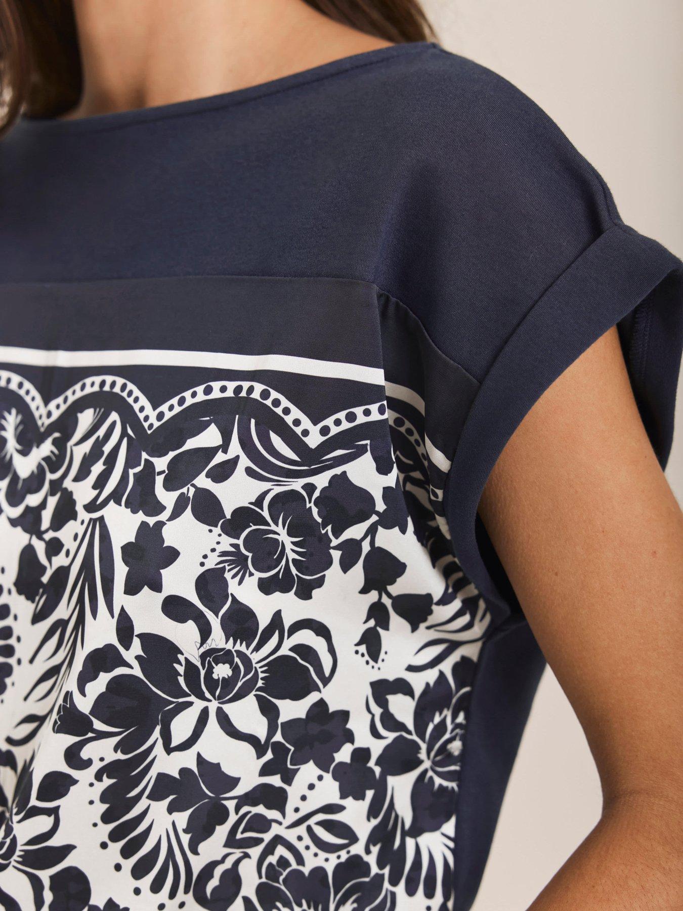 Image 4 of 6 of Mint Velvet Floral Print Woven Mix Top - Navy
