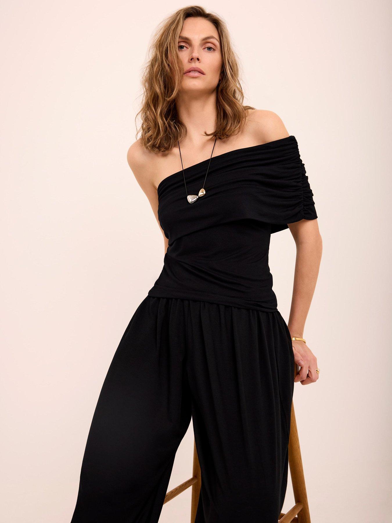 Image 1 of 6 of Mint Velvet One Shoulder Top - Black