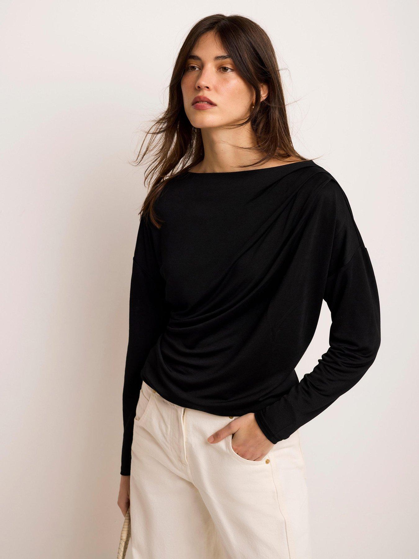Mint Velvet Metallic Ruched Long Sleeve Top - Black