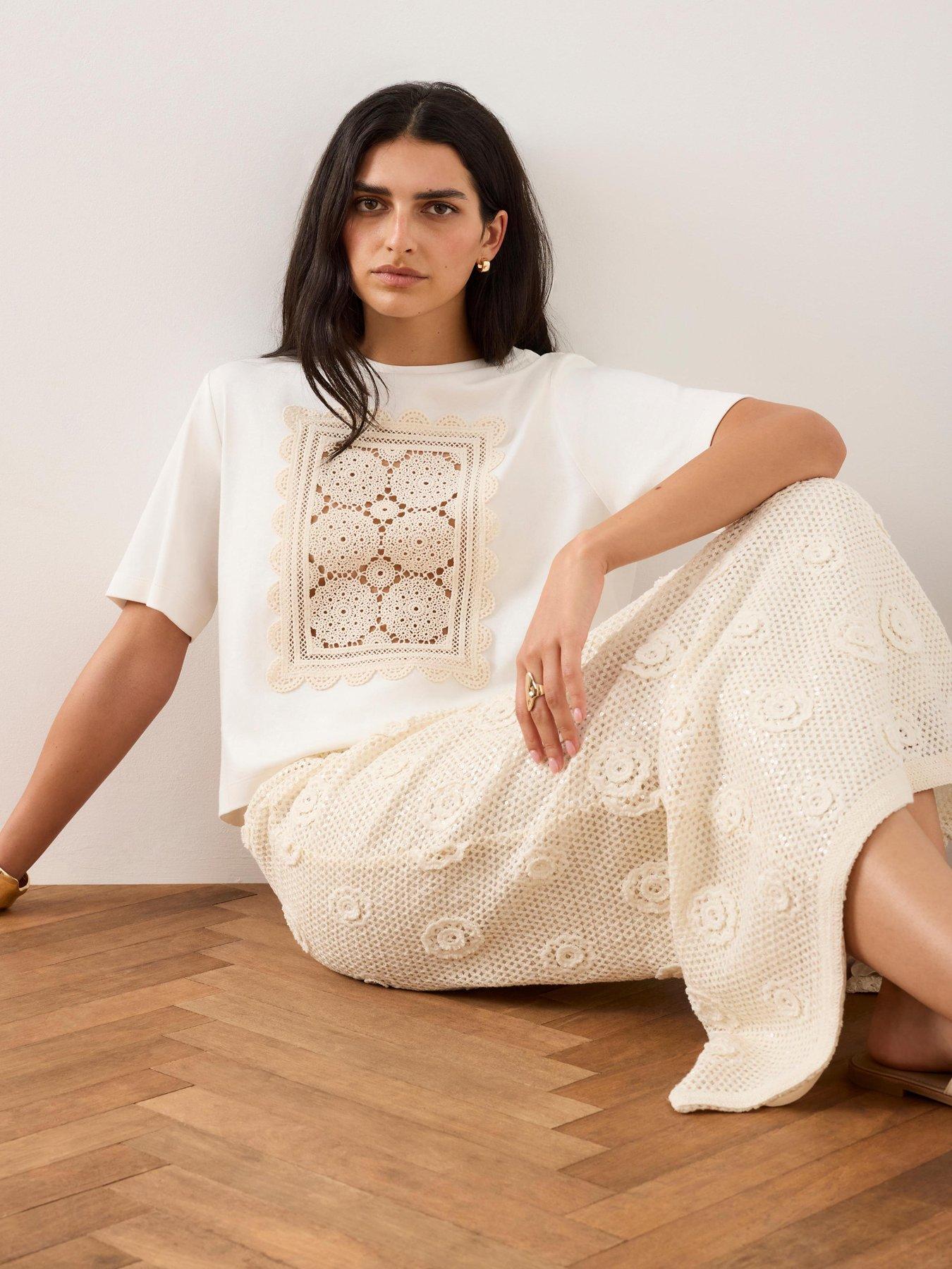 Mint Velvet Crochet Panel T-Shirt - Ivory