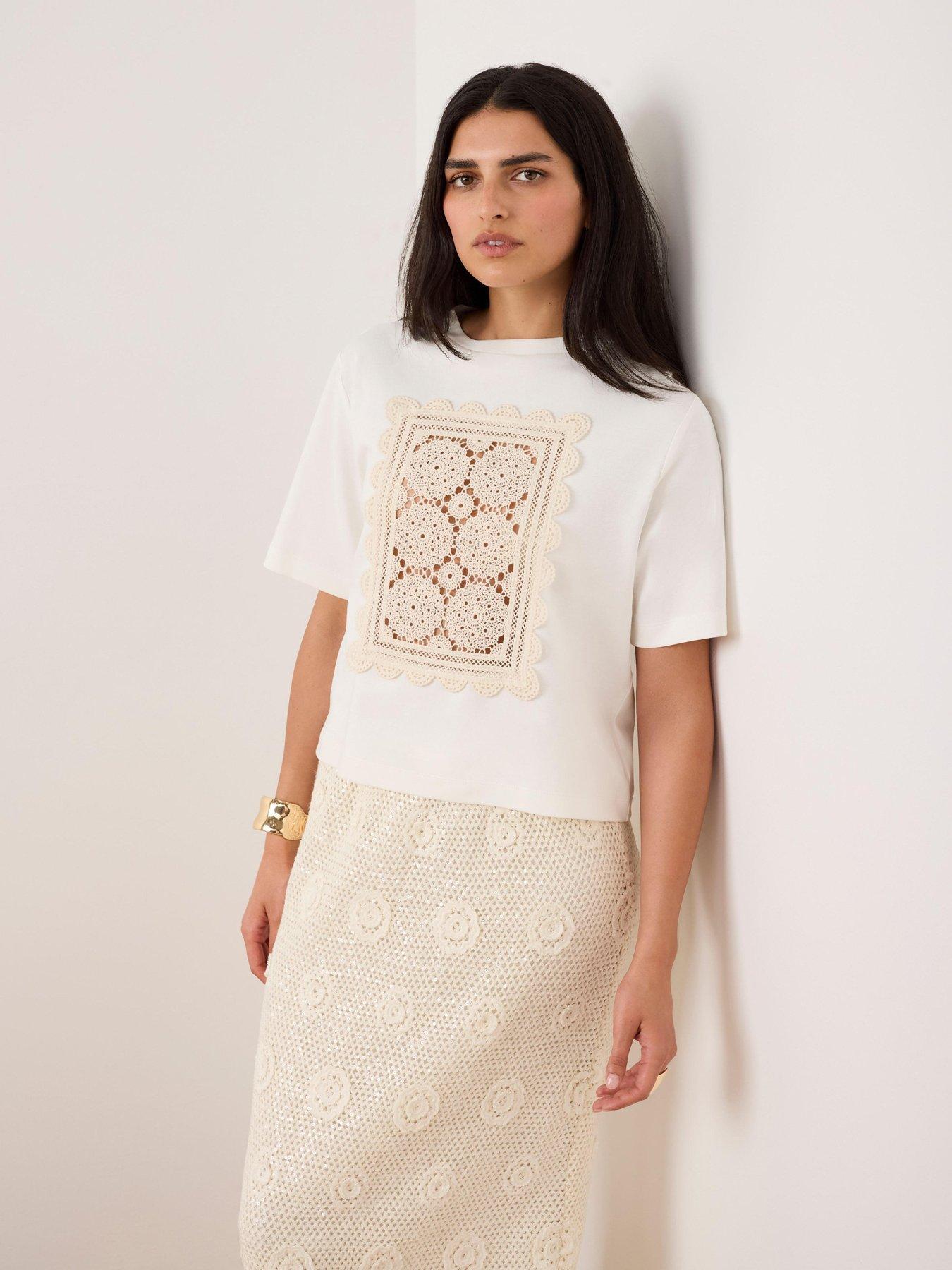 Image 2 of 6 of Mint Velvet Ivory Crochet Panel T-shirt