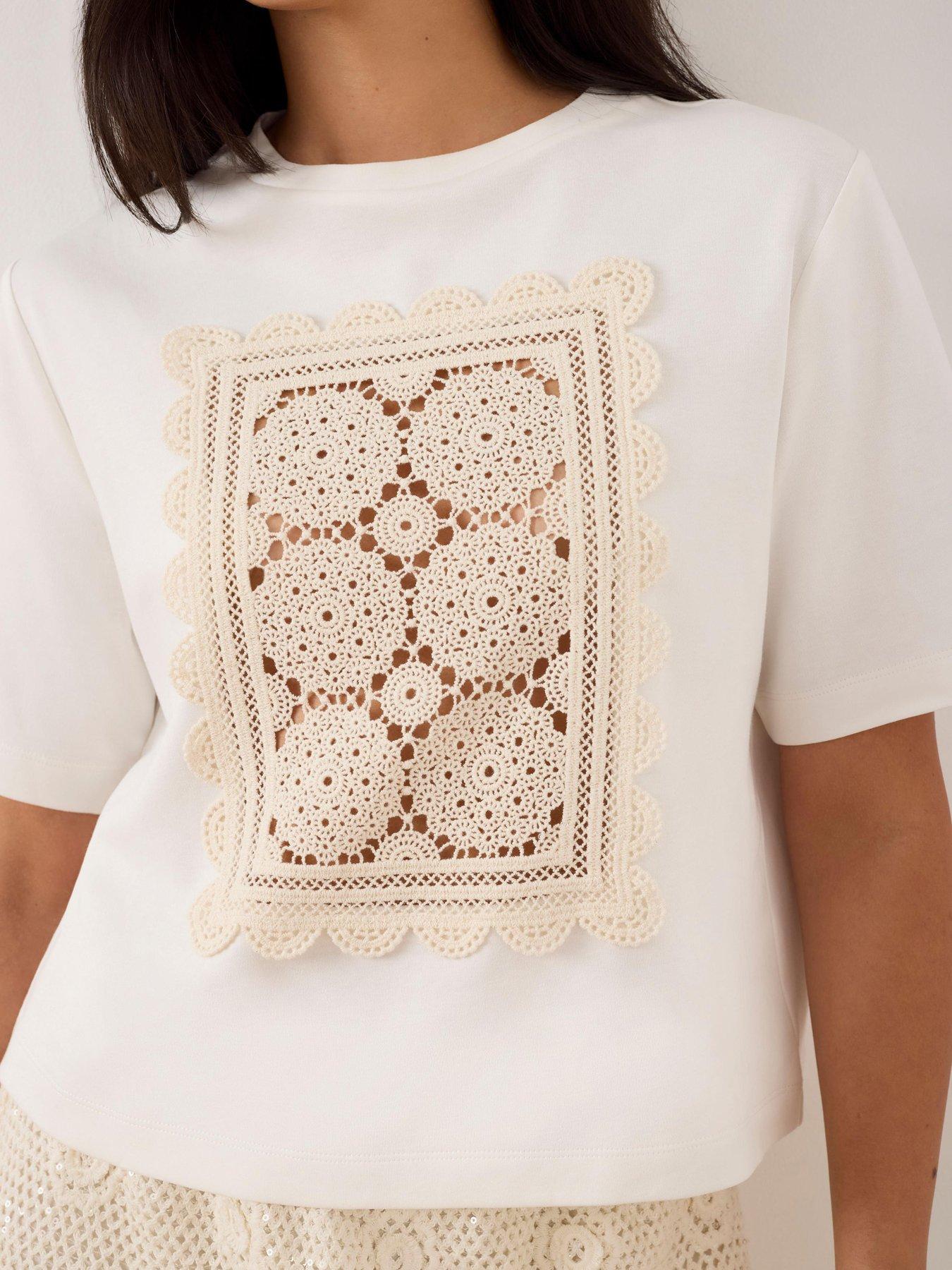 Image 4 of 6 of Mint Velvet Ivory Crochet Panel T-shirt