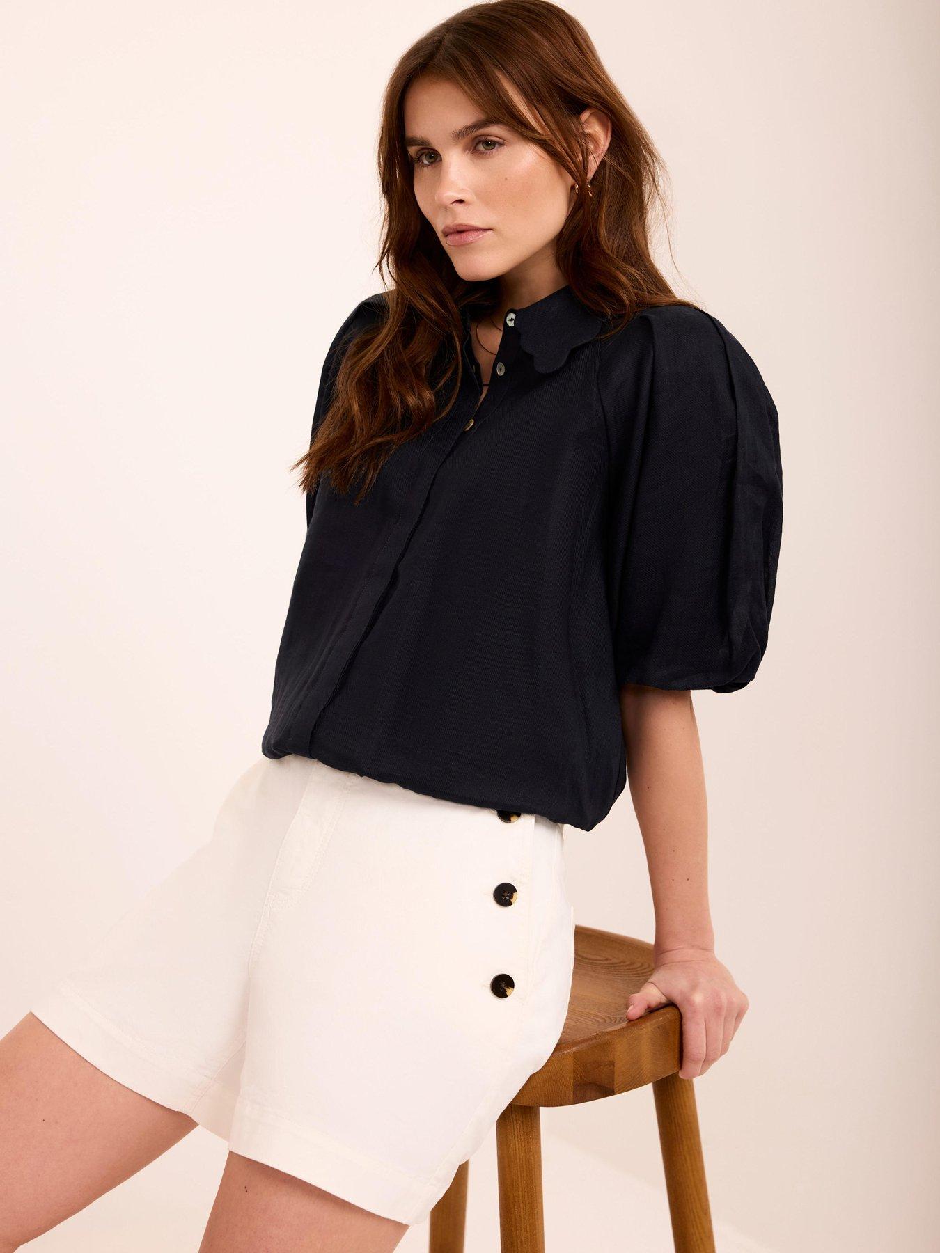 Mint Velvet Navy Ramie Puff Sleeve Top - Blue