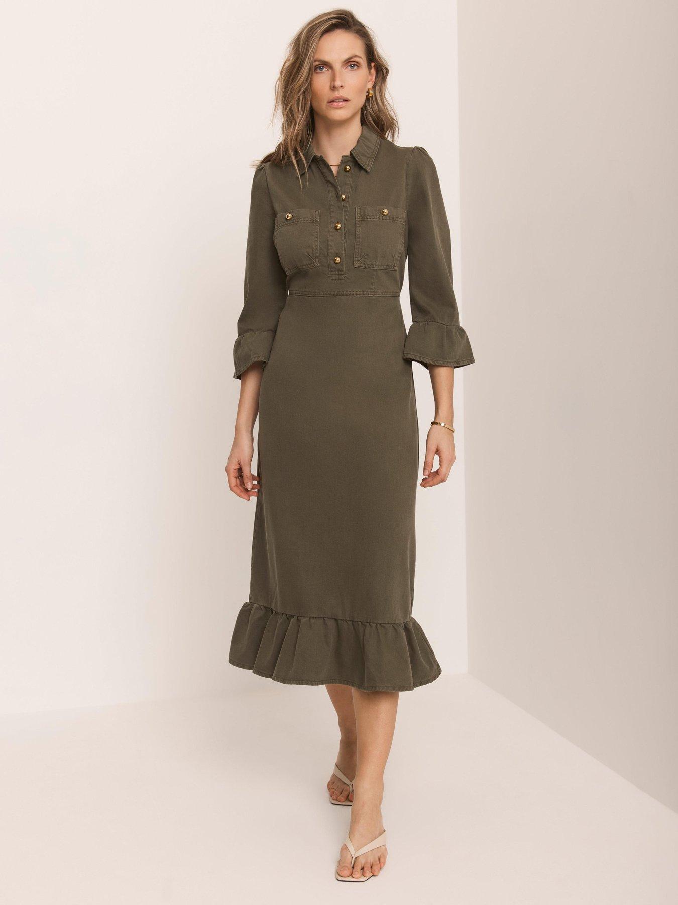 Image 1 of 6 of Mint Velvet Khaki Frill Denim Midi Dress - Green