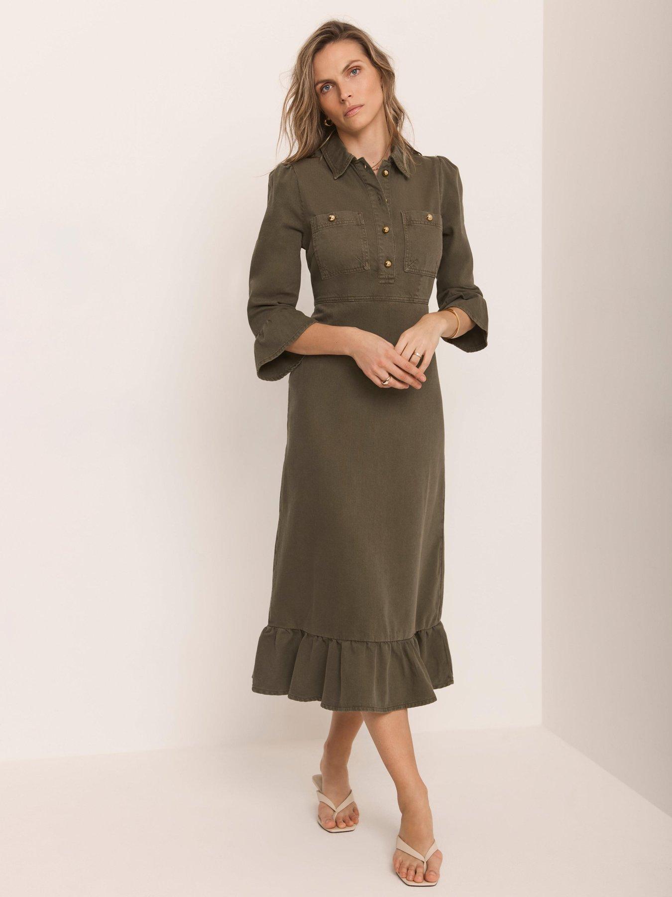 Image 2 of 6 of Mint Velvet Khaki Frill Denim Midi Dress - Green