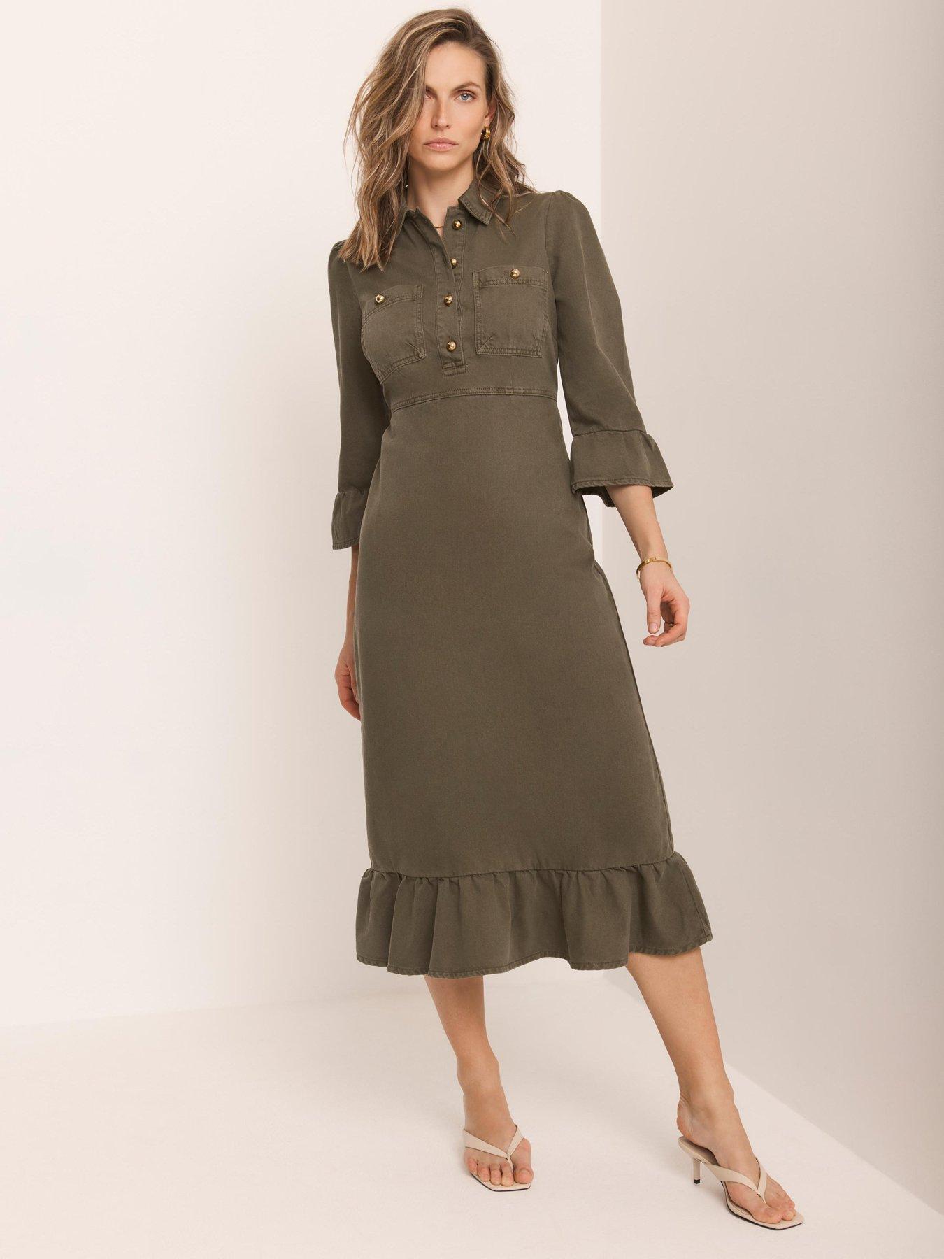 Image 3 of 6 of Mint Velvet Khaki Frill Denim Midi Dress - Green