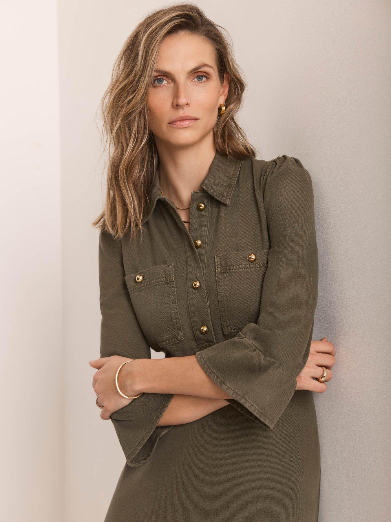 Image 4 of 6 of Mint Velvet Khaki Frill Denim Midi Dress - Green