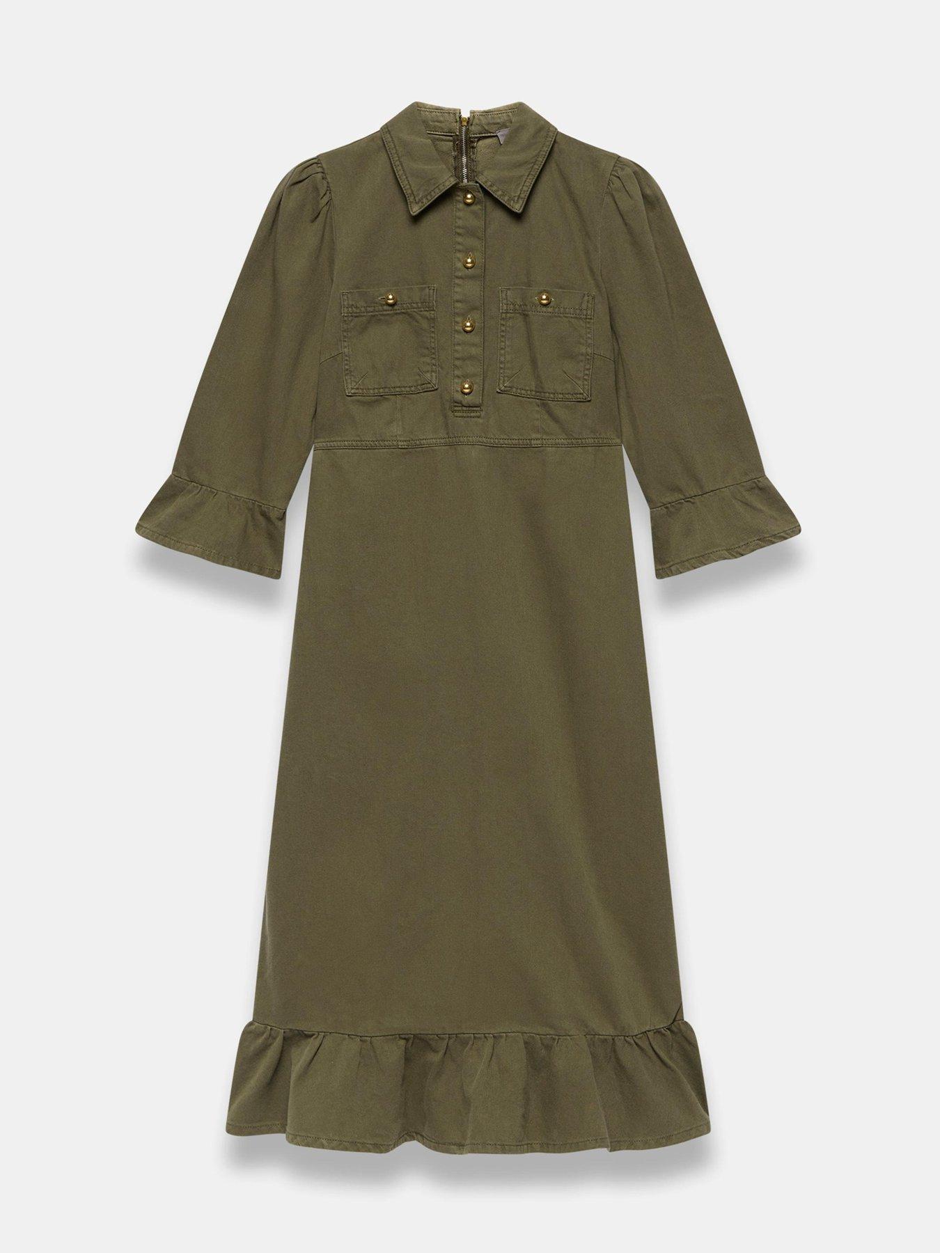 Image 5 of 6 of Mint Velvet Khaki Frill Denim Midi Dress - Green
