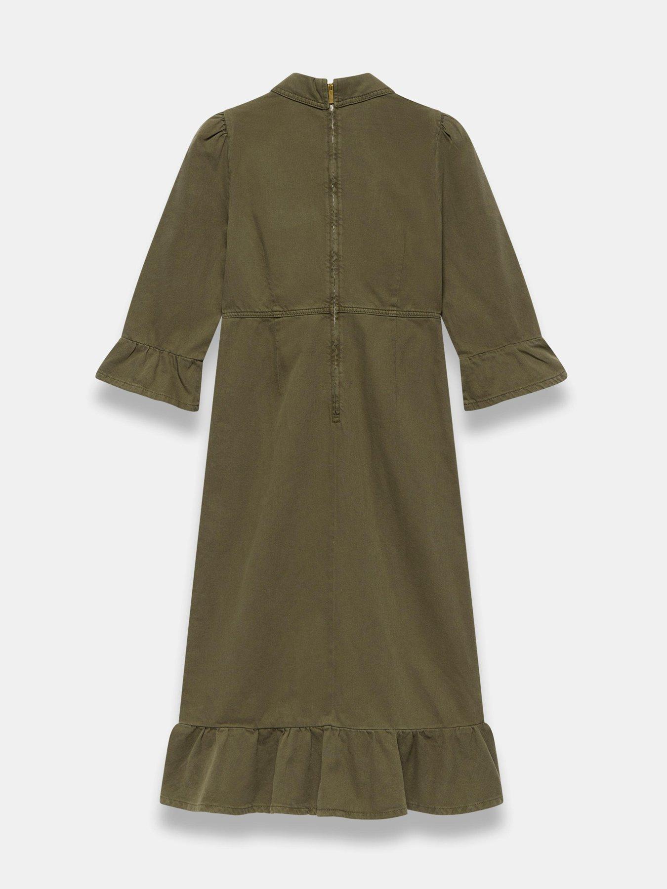 Image 6 of 6 of Mint Velvet Khaki Frill Denim Midi Dress - Green