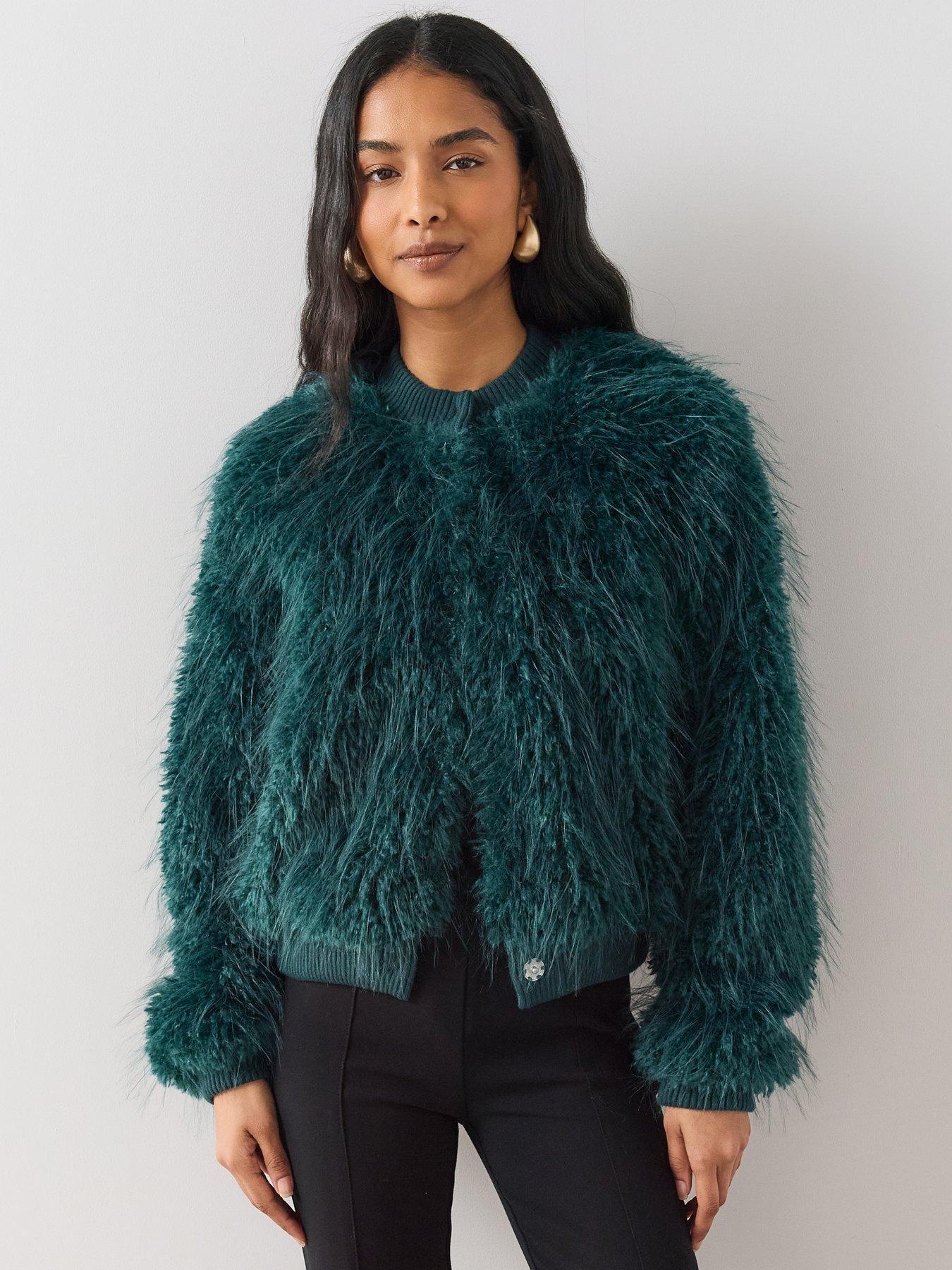 Image 1 of 6 of The Very Collection Womens Faux Fur Cropped Button Front Cardigan - Teal