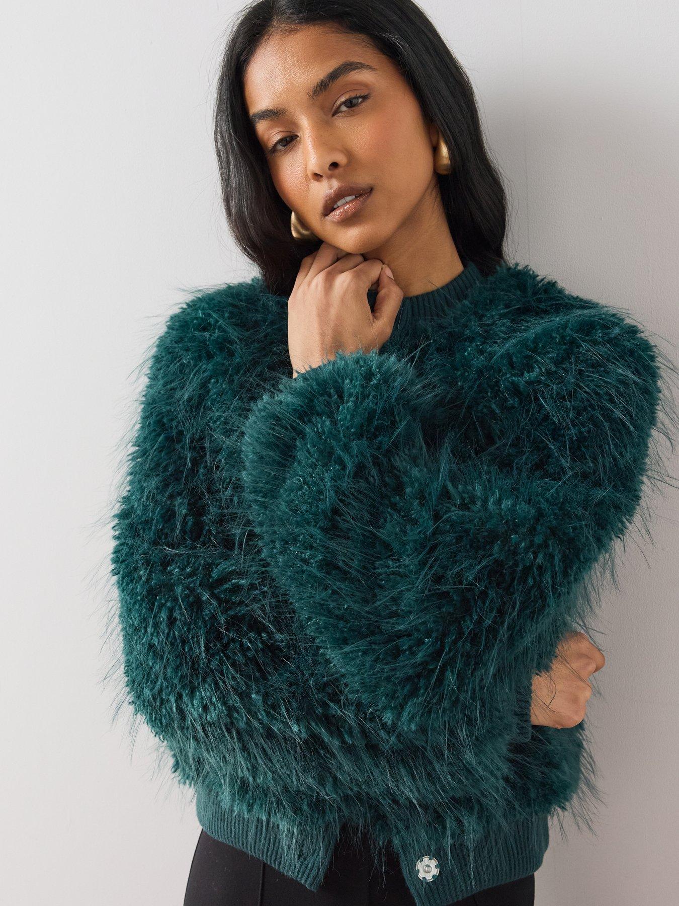 Image 4 of 6 of The Very Collection Womens Faux Fur Cropped Button Front Cardigan - Teal