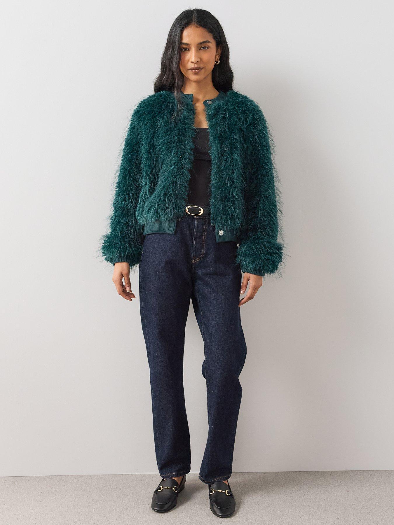 Image 5 of 6 of The Very Collection Womens Faux Fur Cropped Button Front Cardigan - Teal