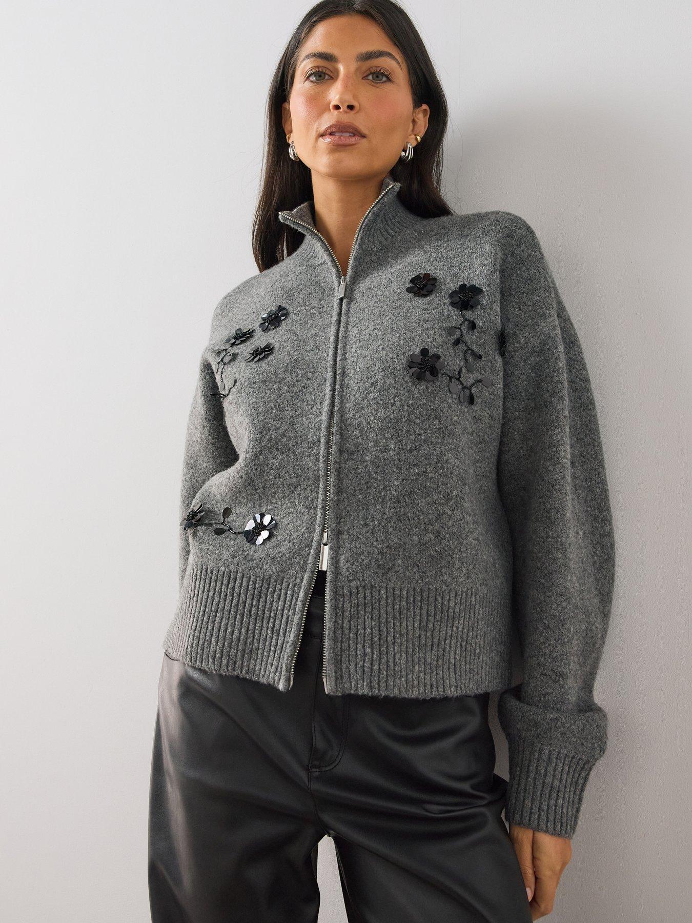 Image 1 of 6 of The Very Collection Womens Funnel Neck Zip Embellished Cardigan - Grey