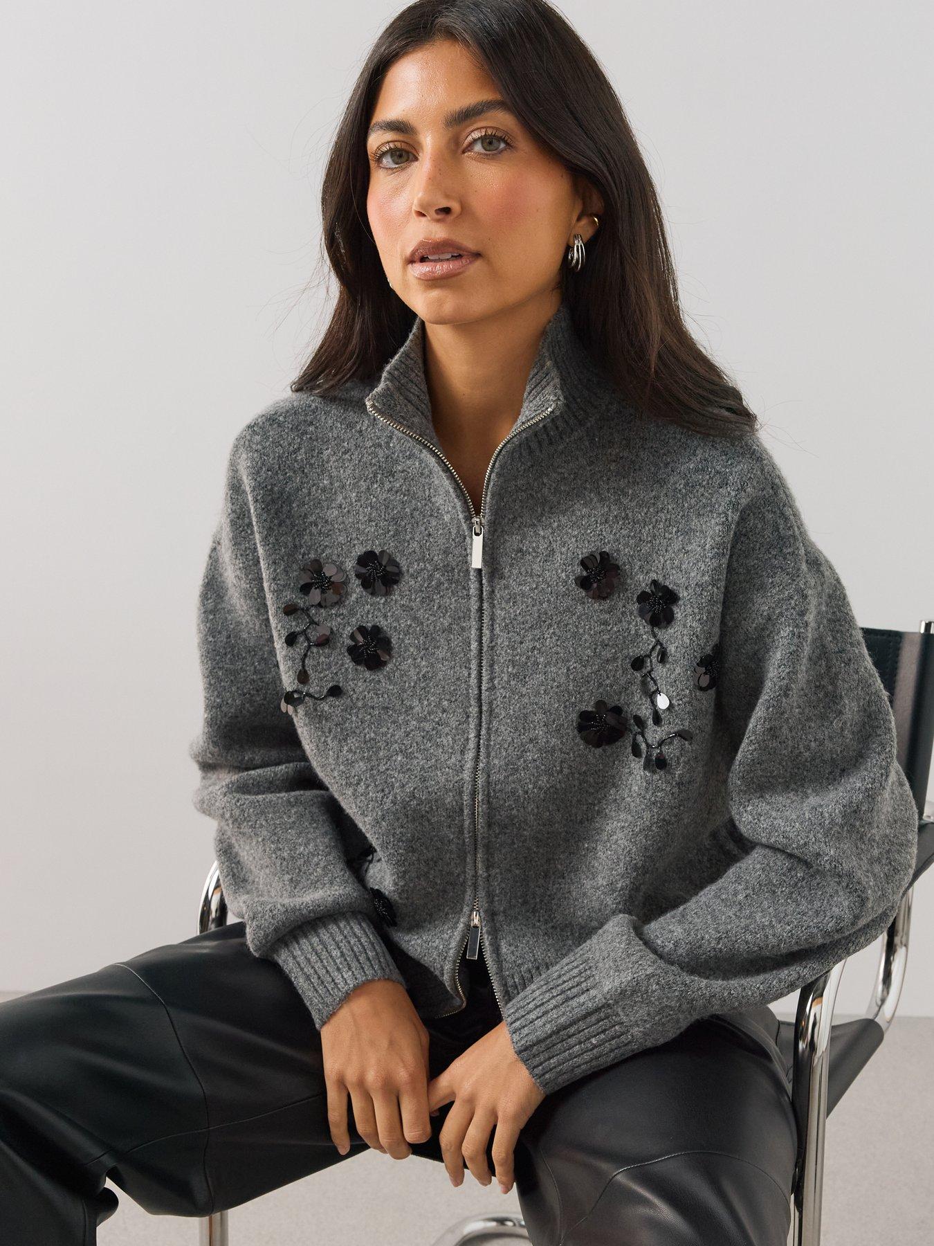 Image 4 of 6 of The Very Collection Womens Funnel Neck Zip Embellished Cardigan - Grey