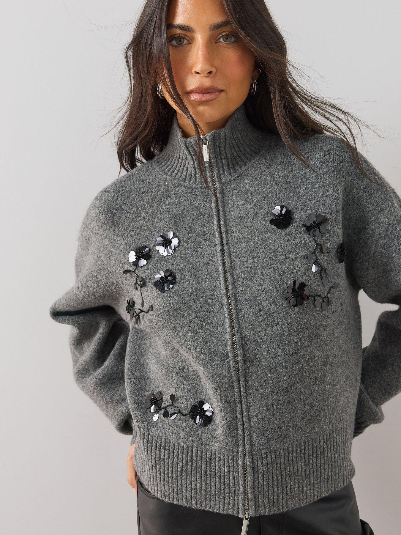 Image 5 of 6 of The Very Collection Womens Funnel Neck Zip Embellished Cardigan - Grey