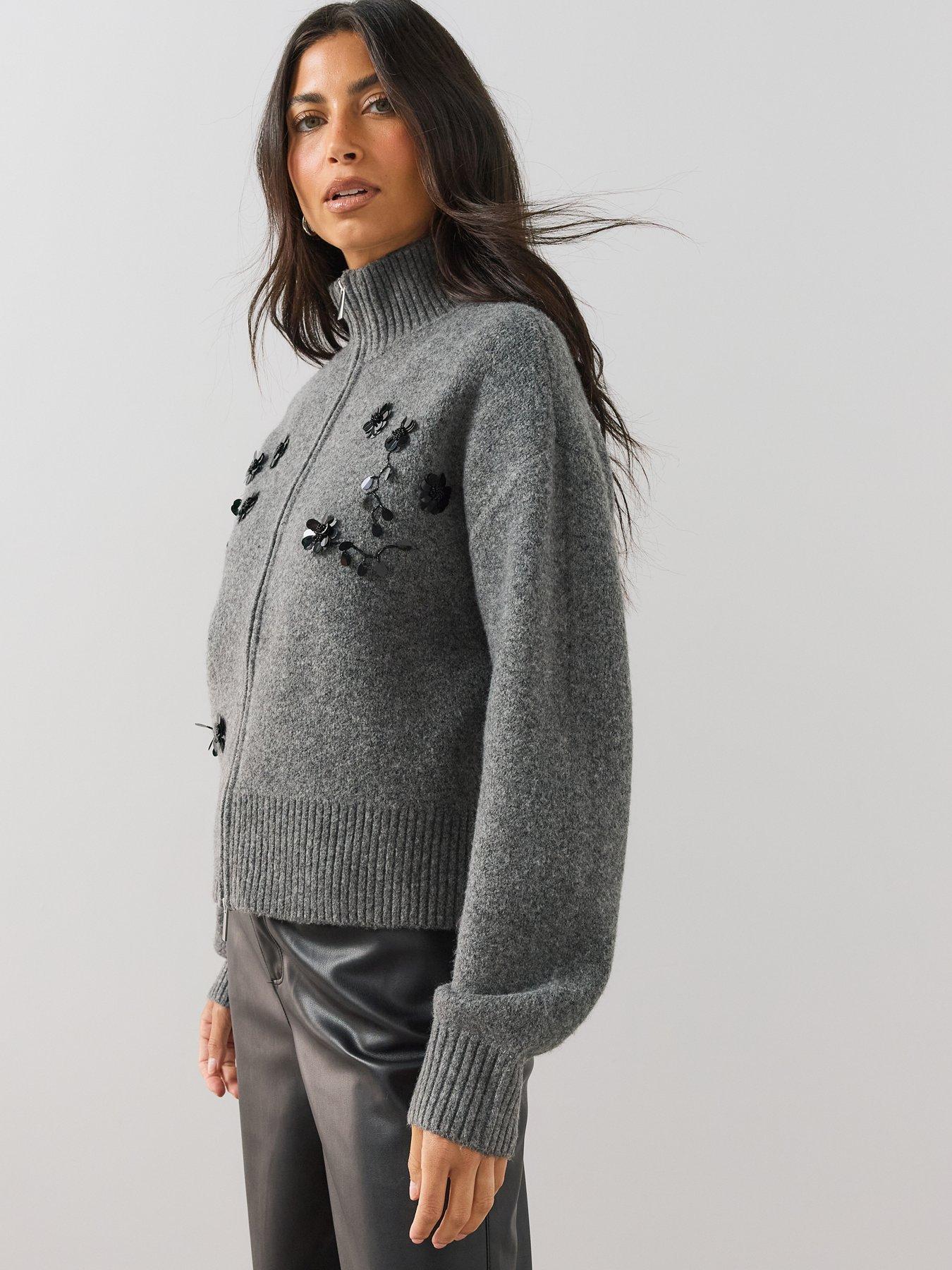 Image 6 of 6 of The Very Collection Womens Funnel Neck Zip Embellished Cardigan - Grey