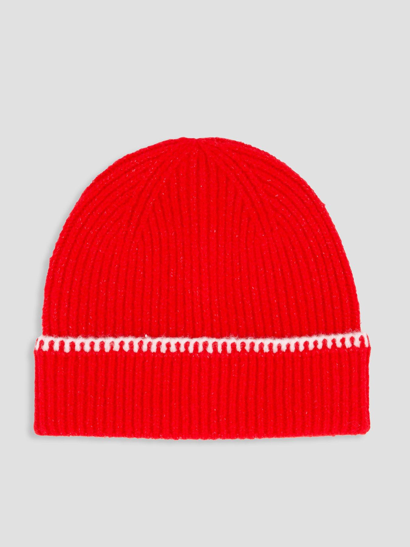 Image 1 of 5 of The Very Collection Womens Blanket Stitch Turn-Up Ribbed Beanie Hat - Red