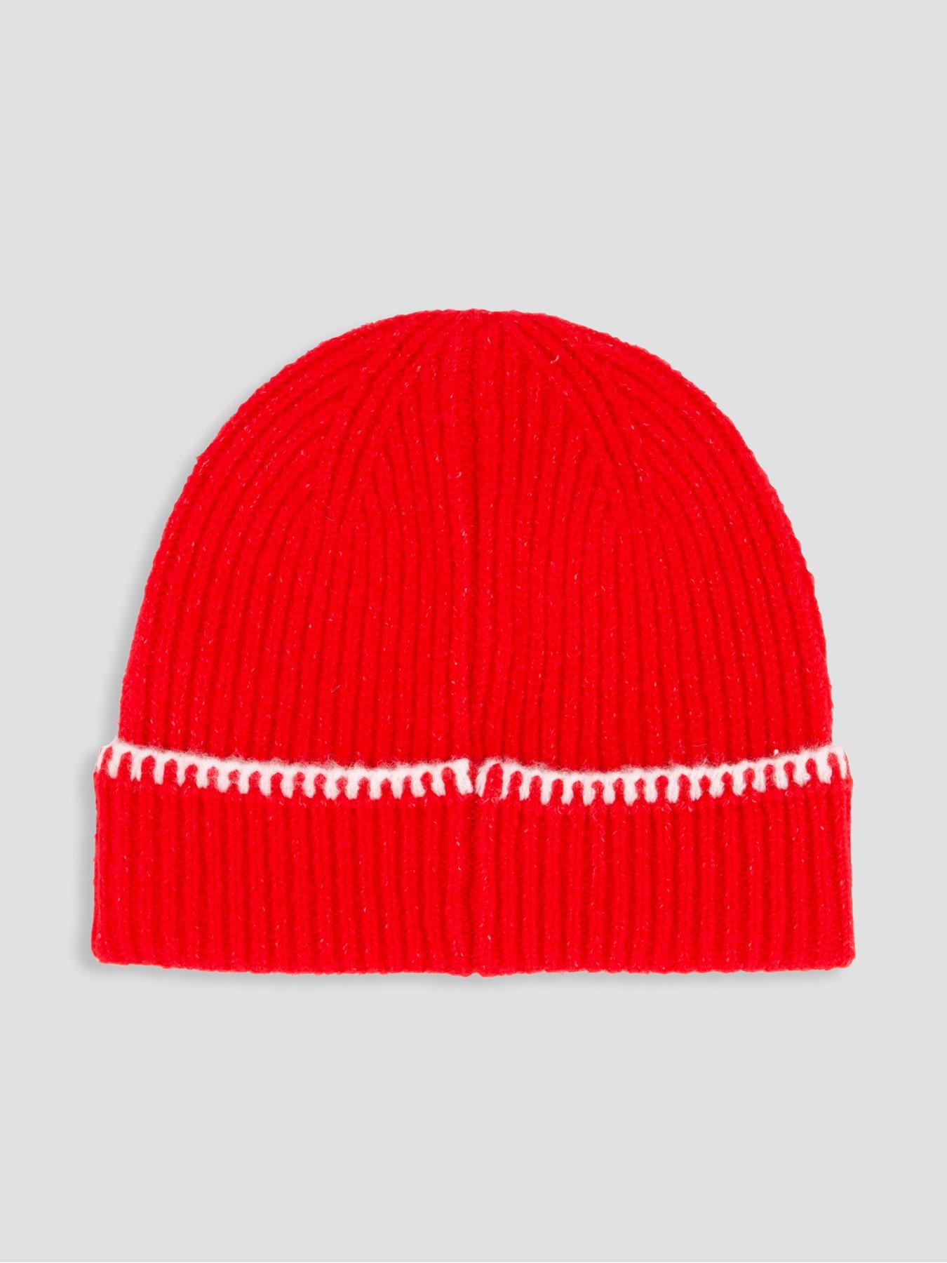 Image 2 of 5 of The Very Collection Womens Blanket Stitch Turn-Up Ribbed Beanie Hat - Red