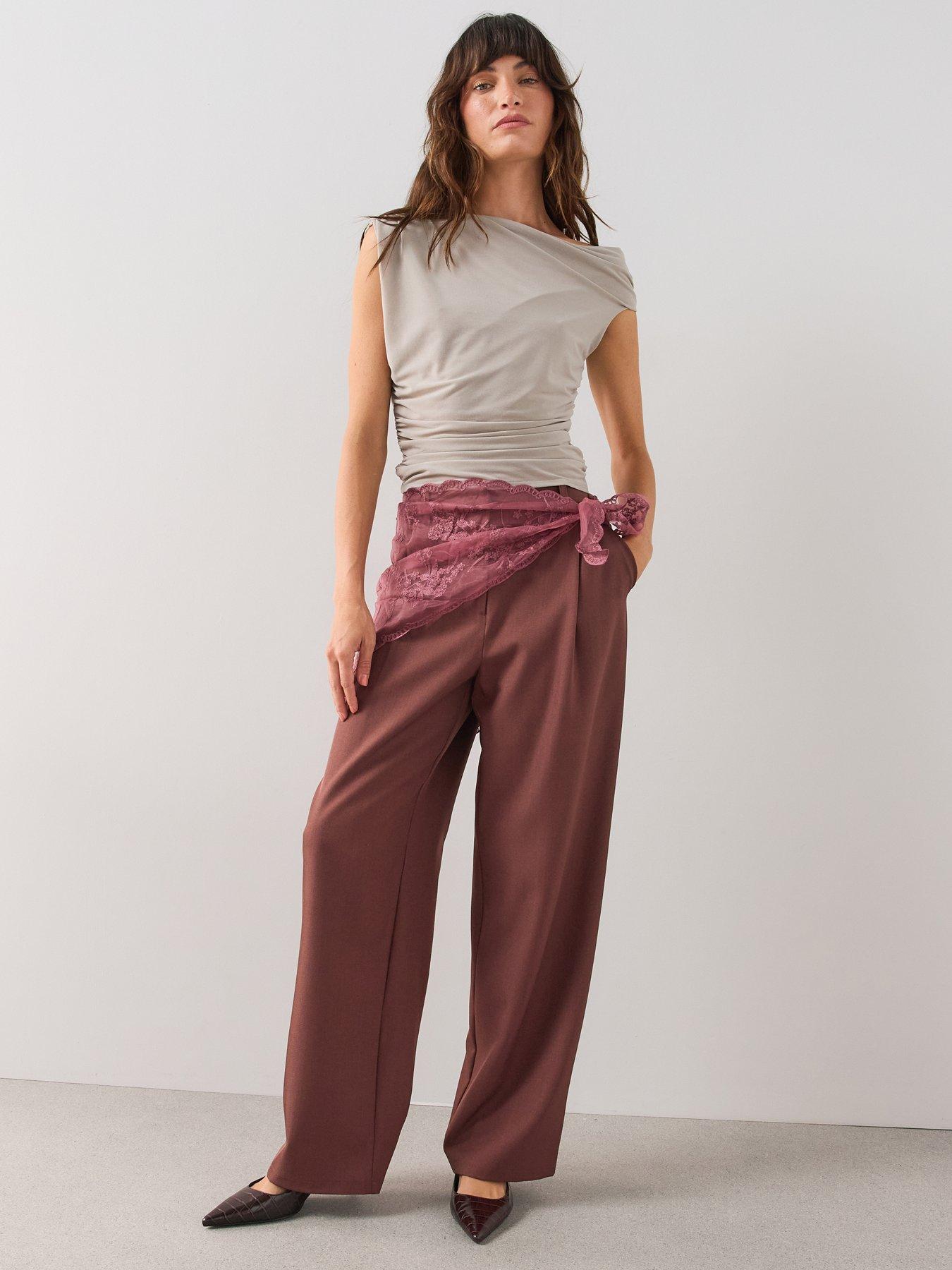 The Very Collection Lace Wrap Relaxed Straight Leg Trousers - Burgundy