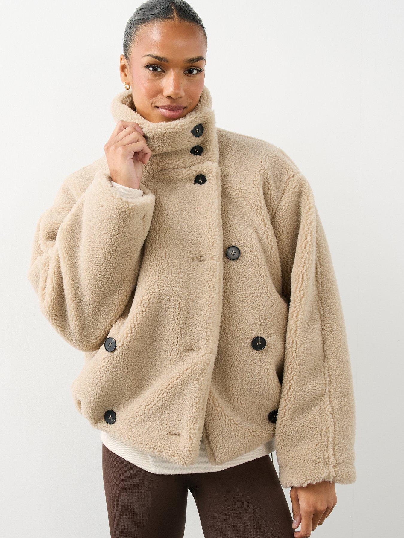 Image 1 of 7 of The Very Collection Womens Button-Up Funnel Neck Borg Jacket - Mink
