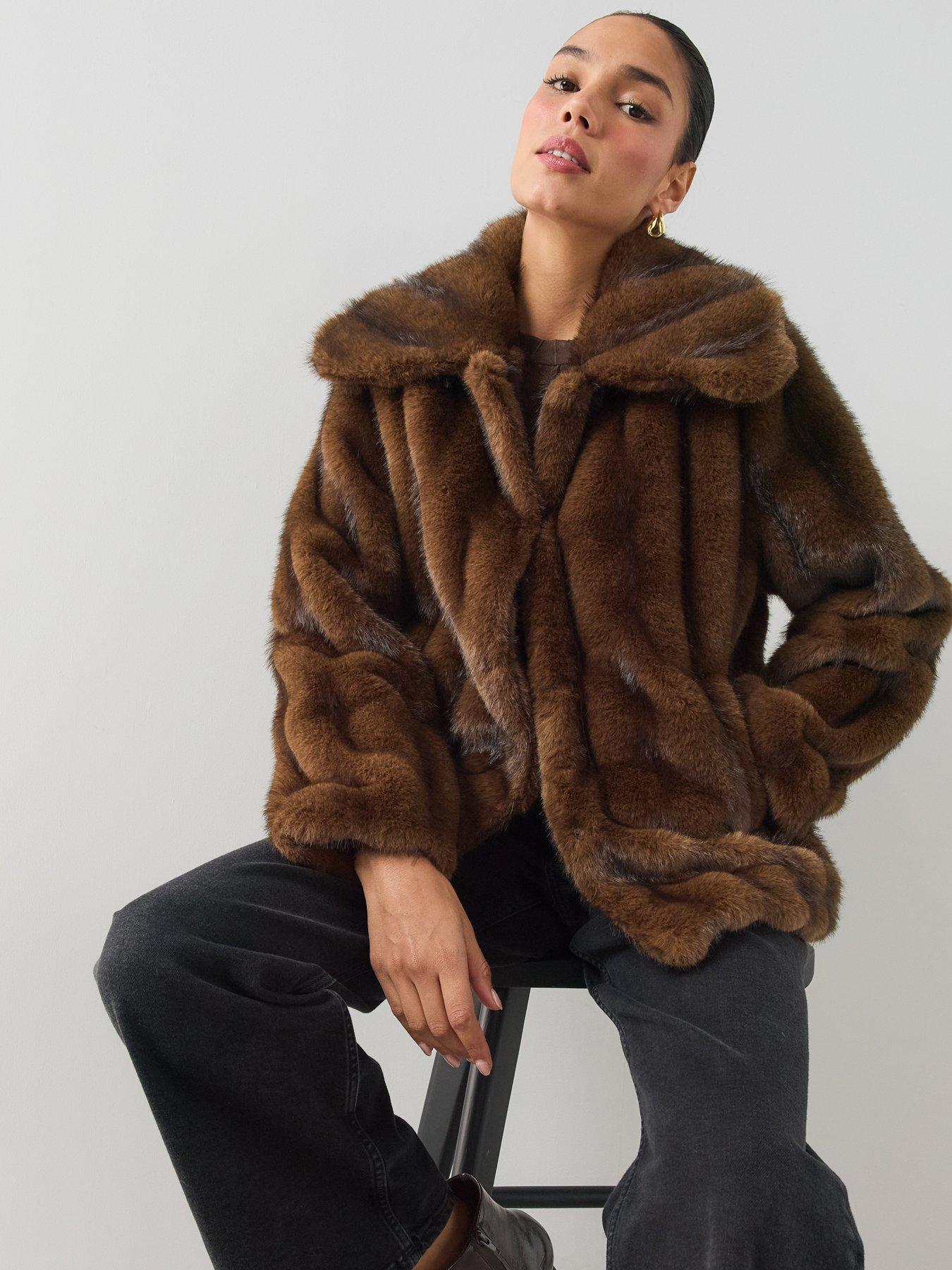 Image 4 of 7 of The Very Collection Brown Stripe Faux Fur Coat