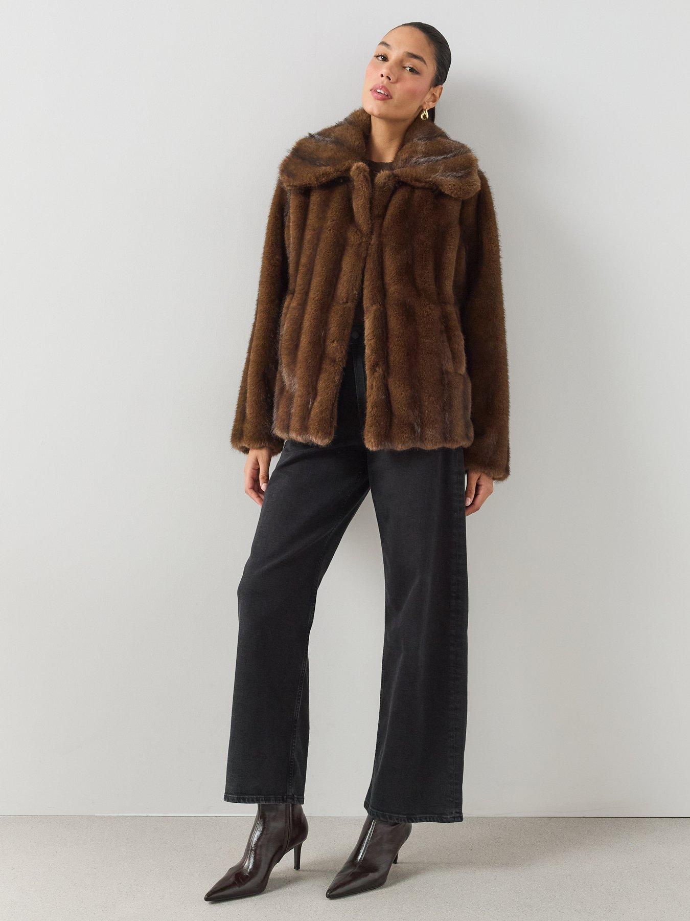 Image 5 of 7 of The Very Collection Brown Stripe Faux Fur Coat