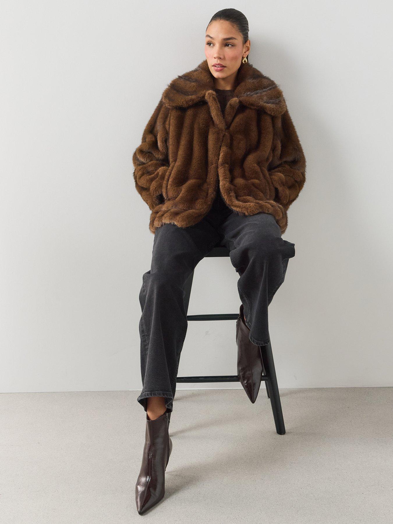 Image 6 of 7 of The Very Collection Brown Stripe Faux Fur Coat