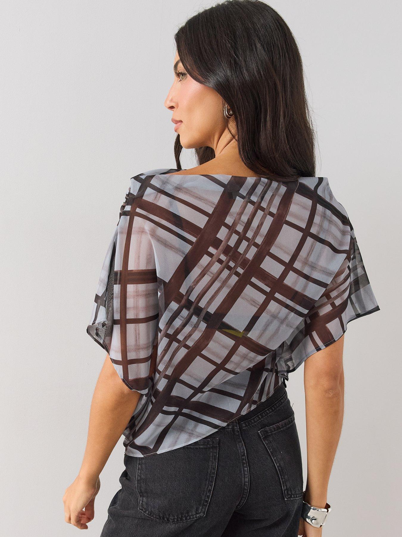 Image 2 of 6 of The Very Collection Cowl Neck Checked Blouse - Grey