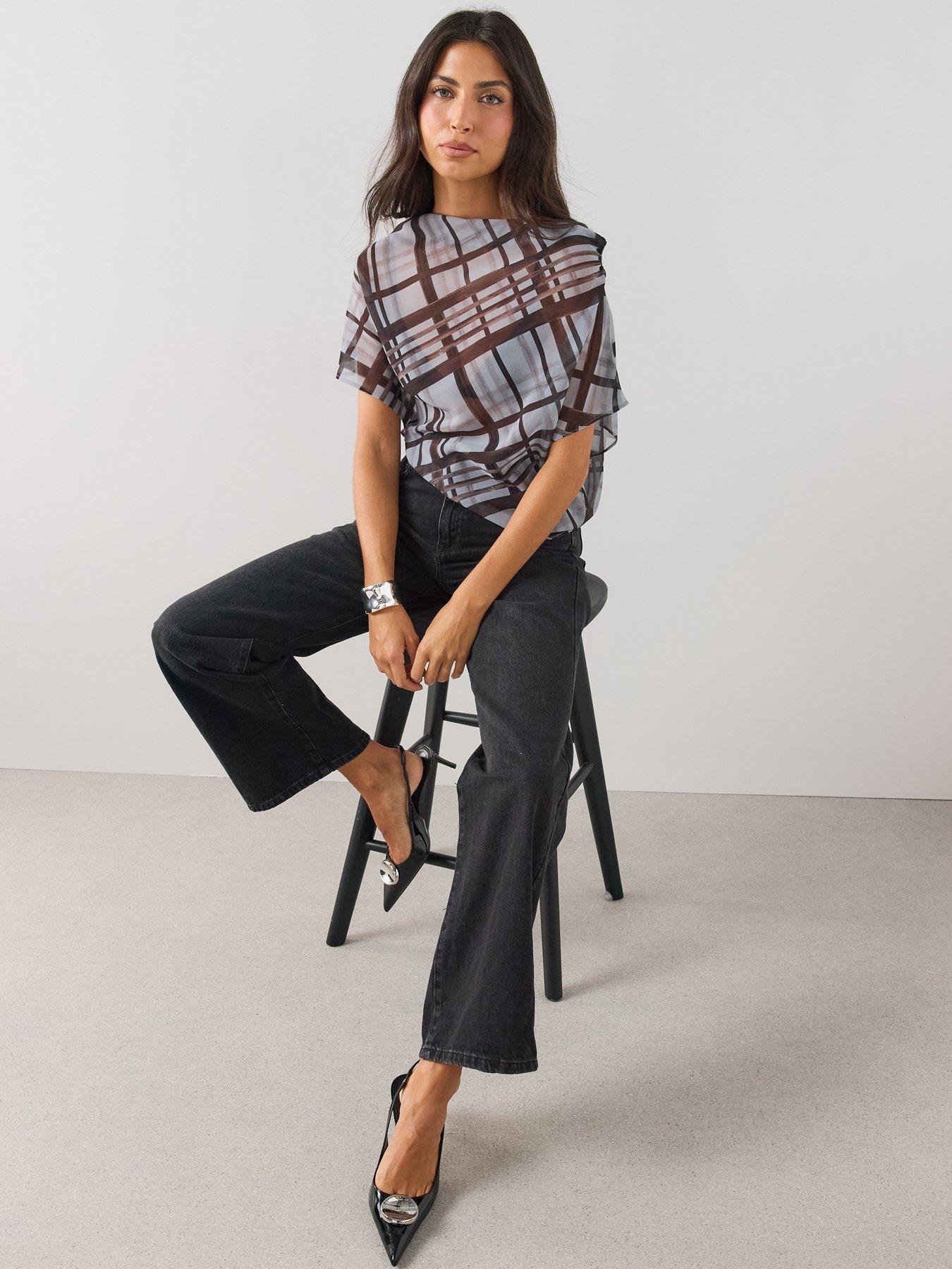 Image 3 of 6 of The Very Collection Cowl Neck Checked Blouse - Grey