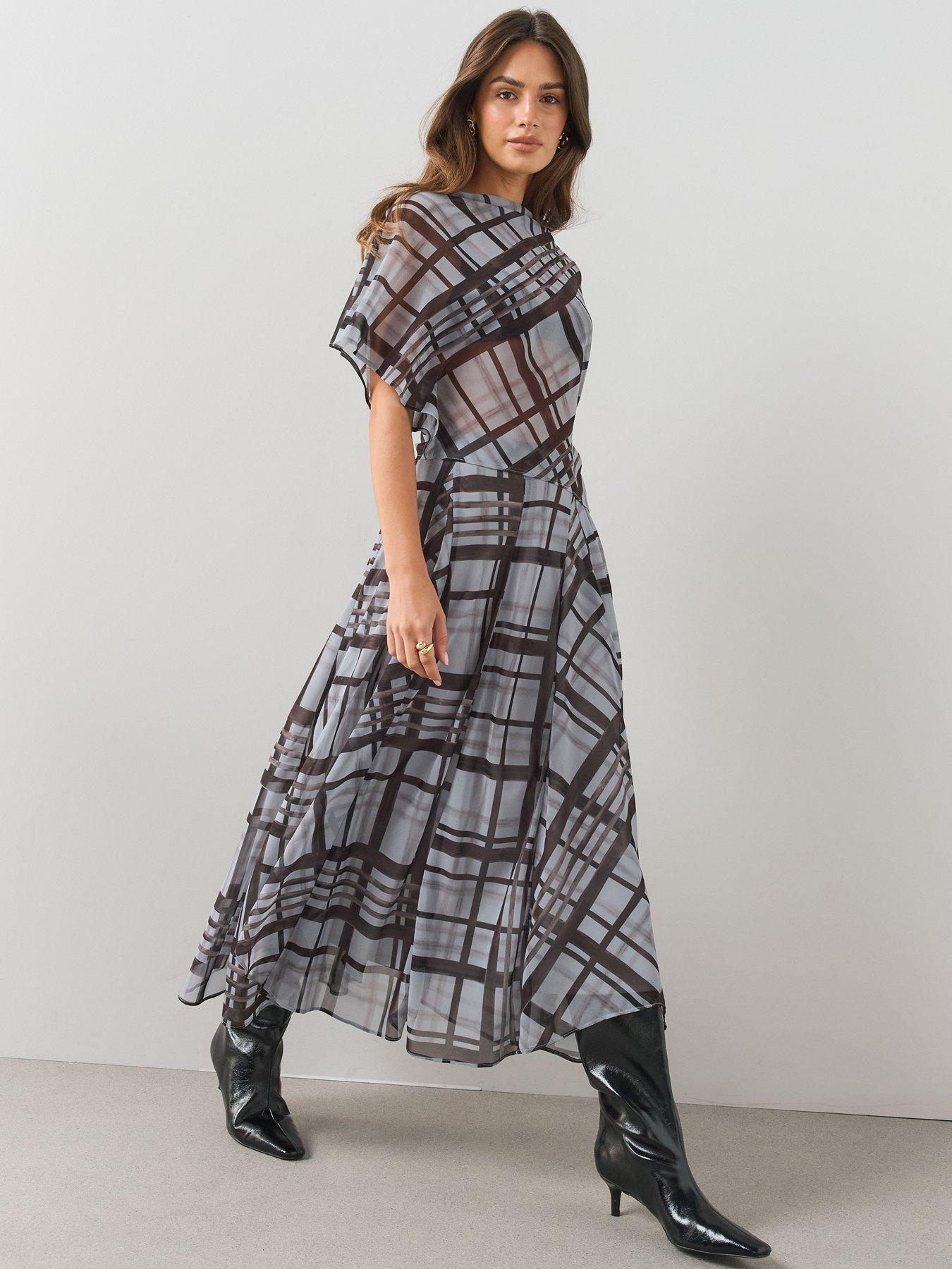 The Very Collection Asymmetric Hem Checked Midi Skirt - Grey