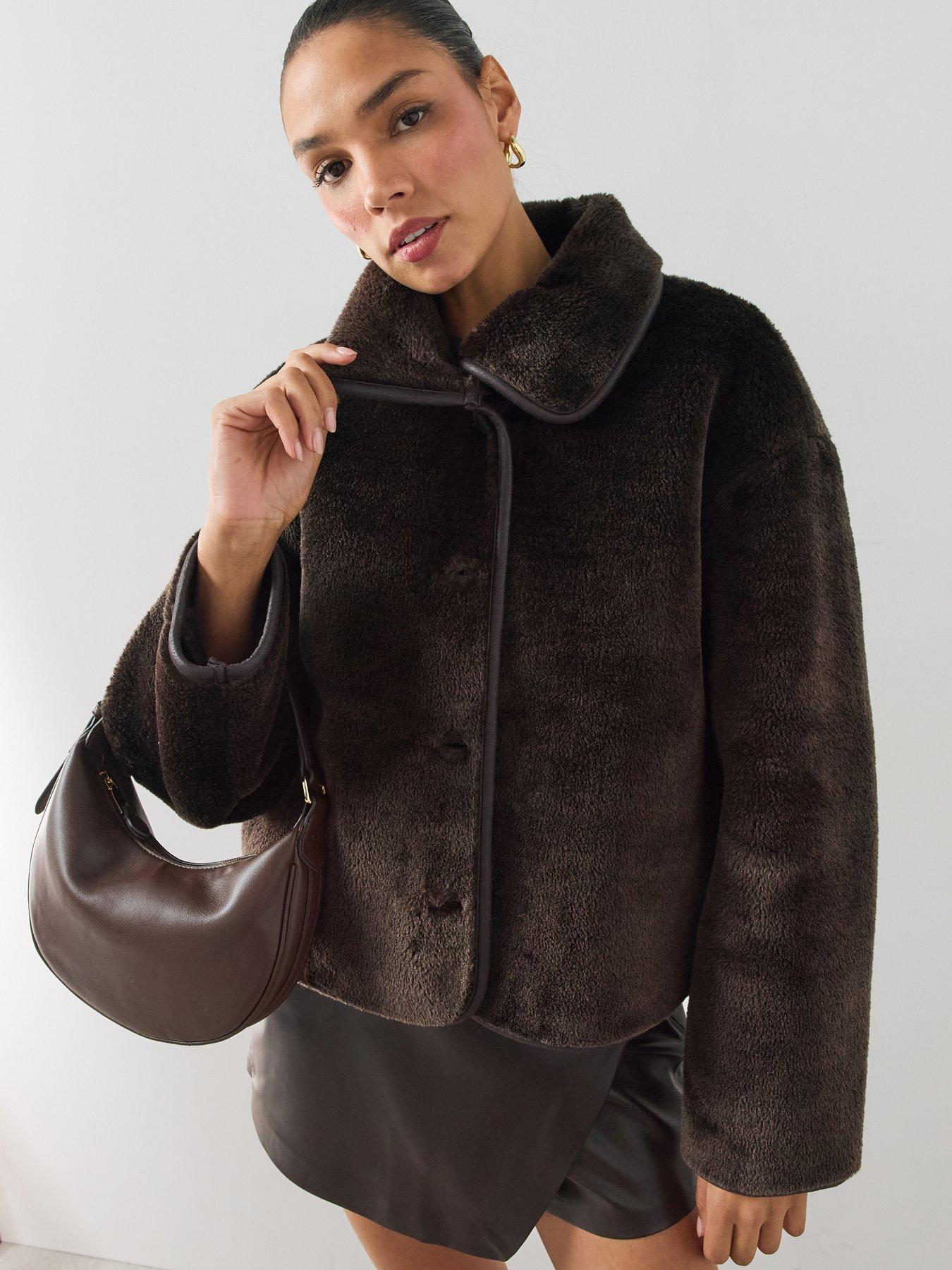 Image 1 of 7 of The Very Collection Womens Bonded Faux Shearling Jacket - Brown