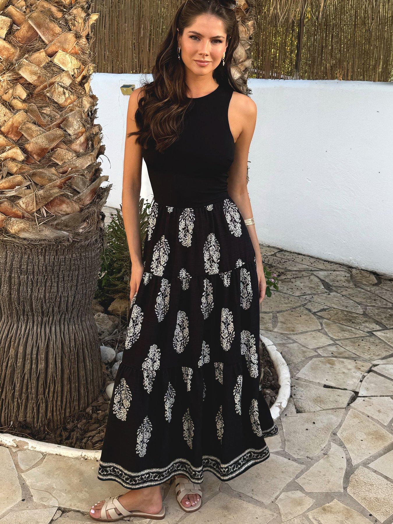 AX Paris Border Print 2-in-1 Smock Midi Dress, Black, Size 8, Women