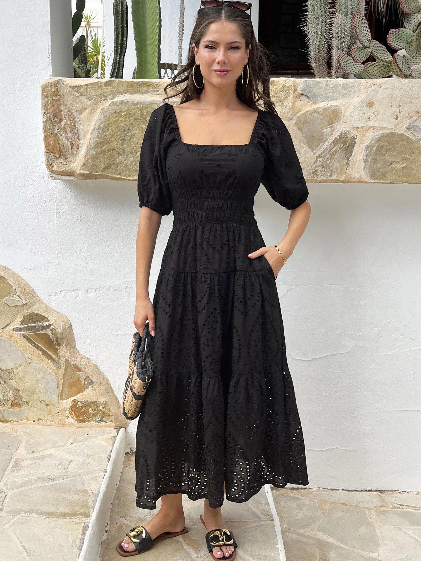 AX Paris Broderie Puff Sleeve Smock Midi Dress, Black, Size 14, Women