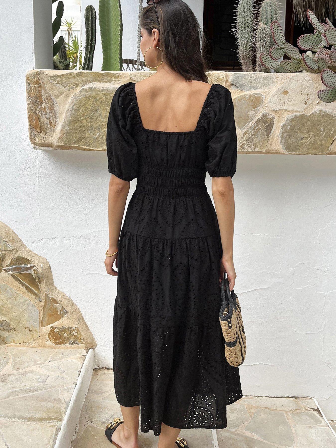 Image 2 of 4 of AX Paris Broderie Puff Sleeve Smock Midi Dress - Black