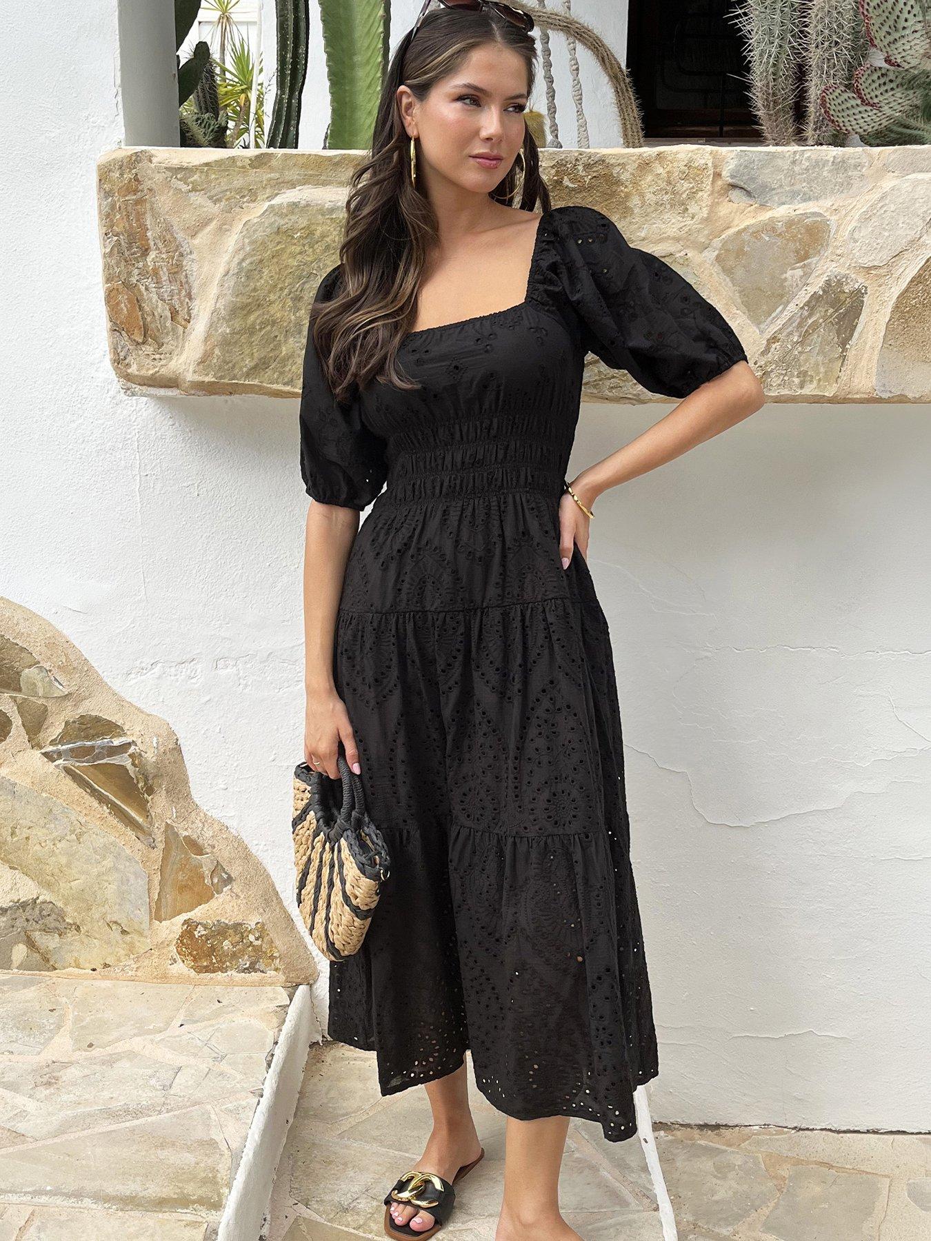 Image 3 of 4 of AX Paris Broderie Puff Sleeve Smock Midi Dress - Black