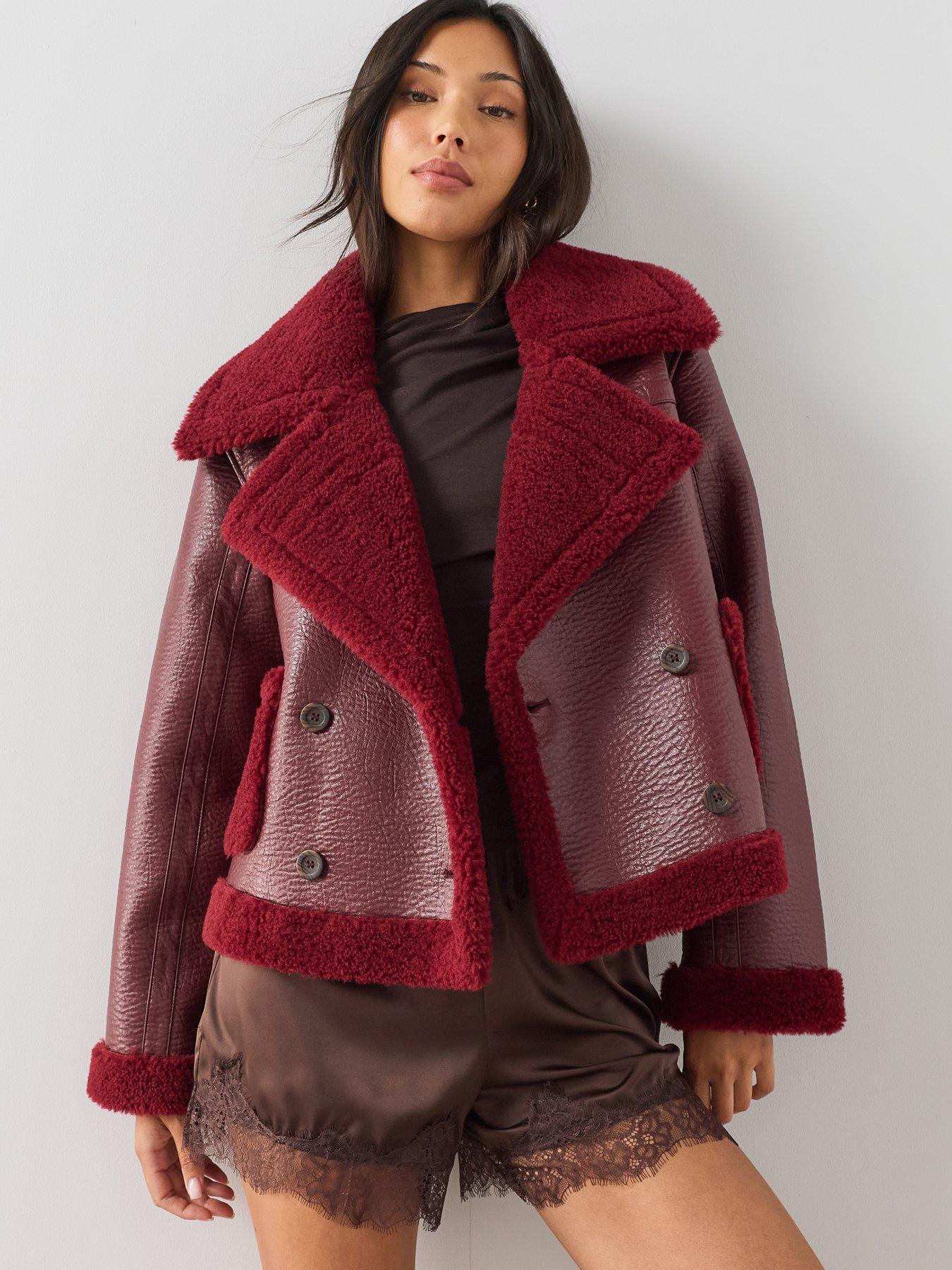 The Very Collection Faux Shearling Pocket Detail Aviator - Red