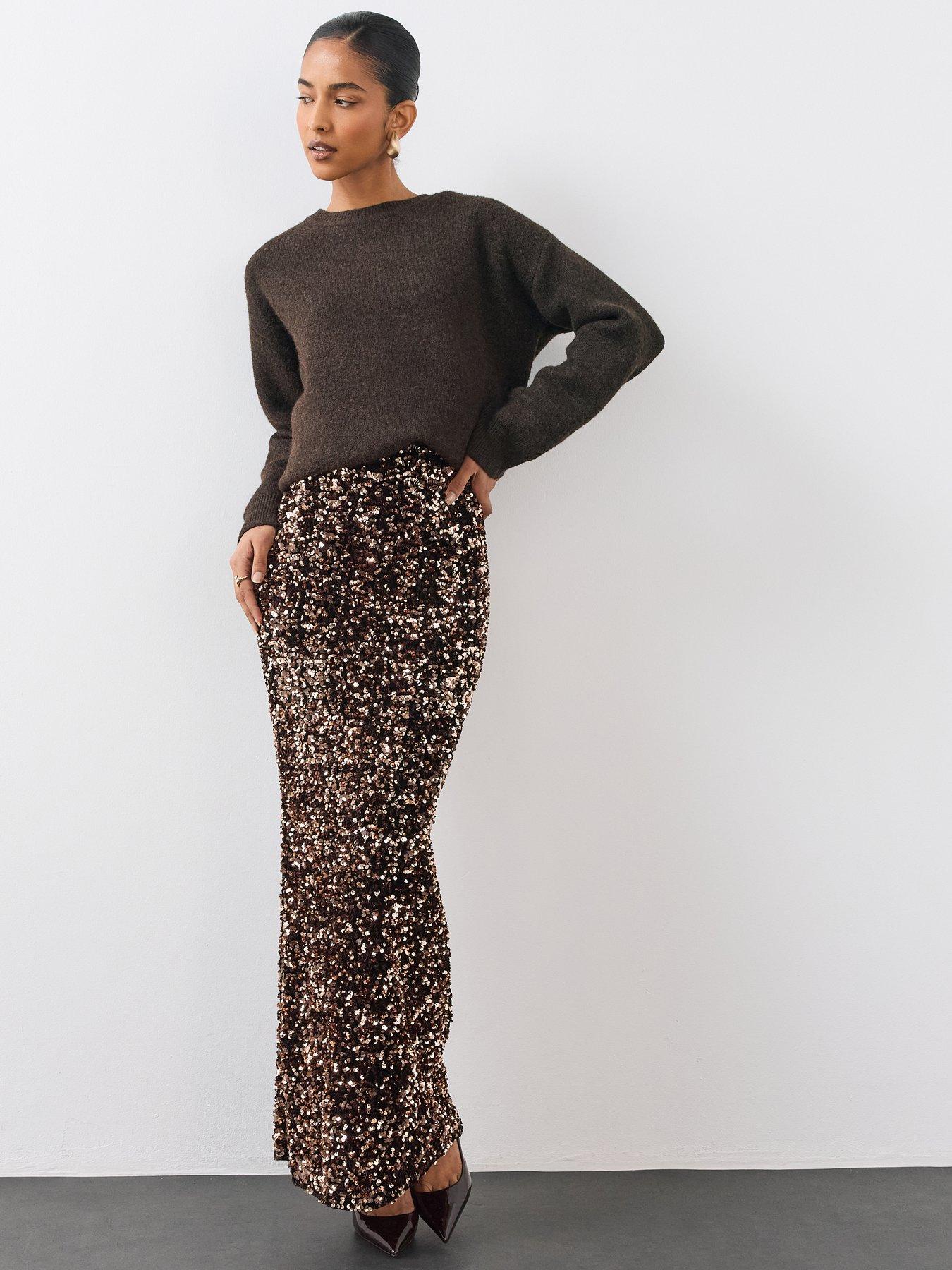 Image 1 of 6 of The Very Collection Womens Velvet Sequin Maxi Skirt - Brown