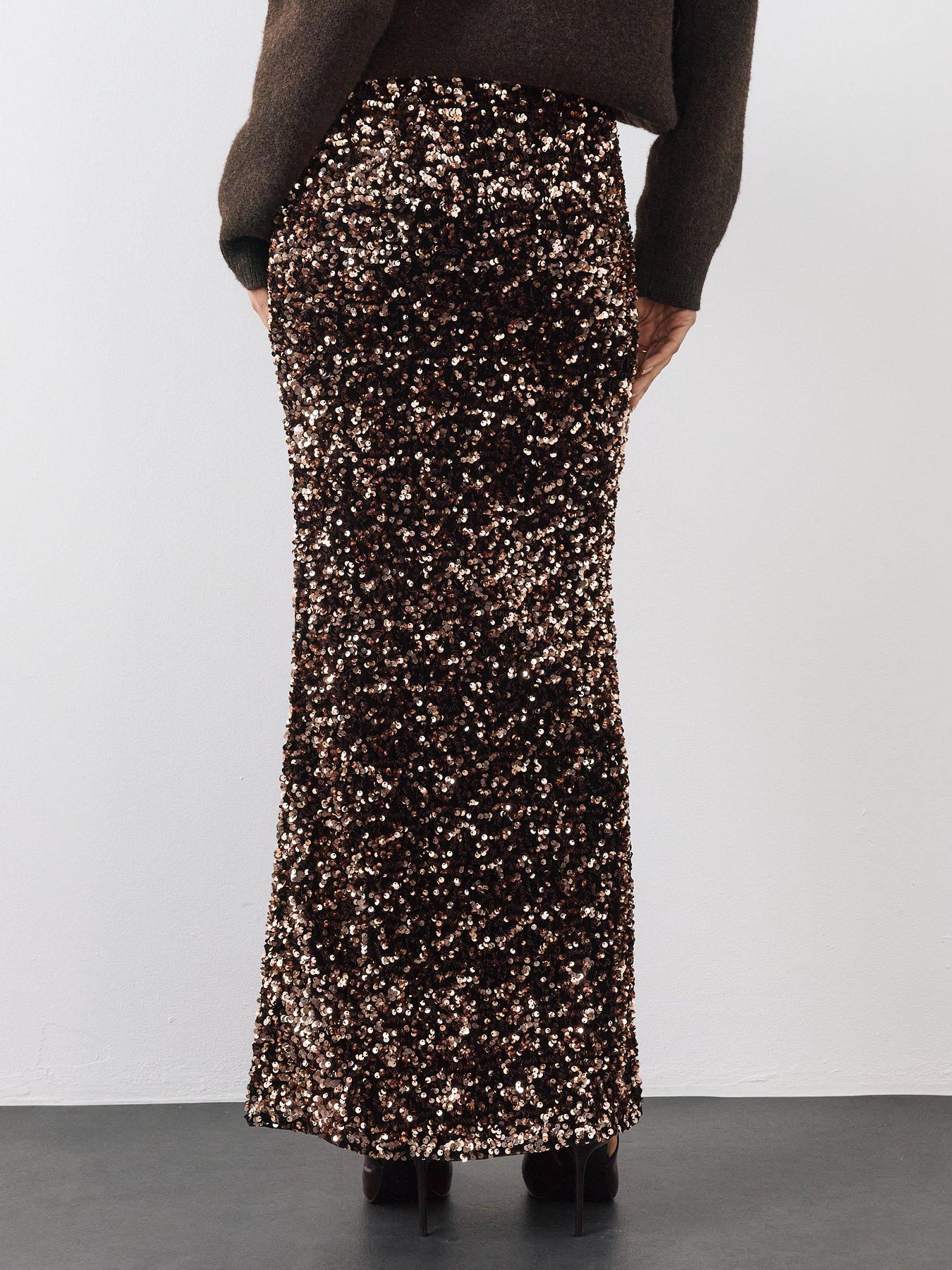 Image 2 of 6 of The Very Collection Womens Velvet Sequin Maxi Skirt - Brown