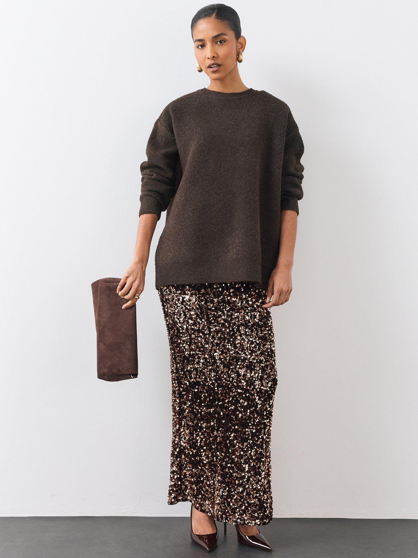Image 3 of 6 of The Very Collection Womens Velvet Sequin Maxi Skirt - Brown
