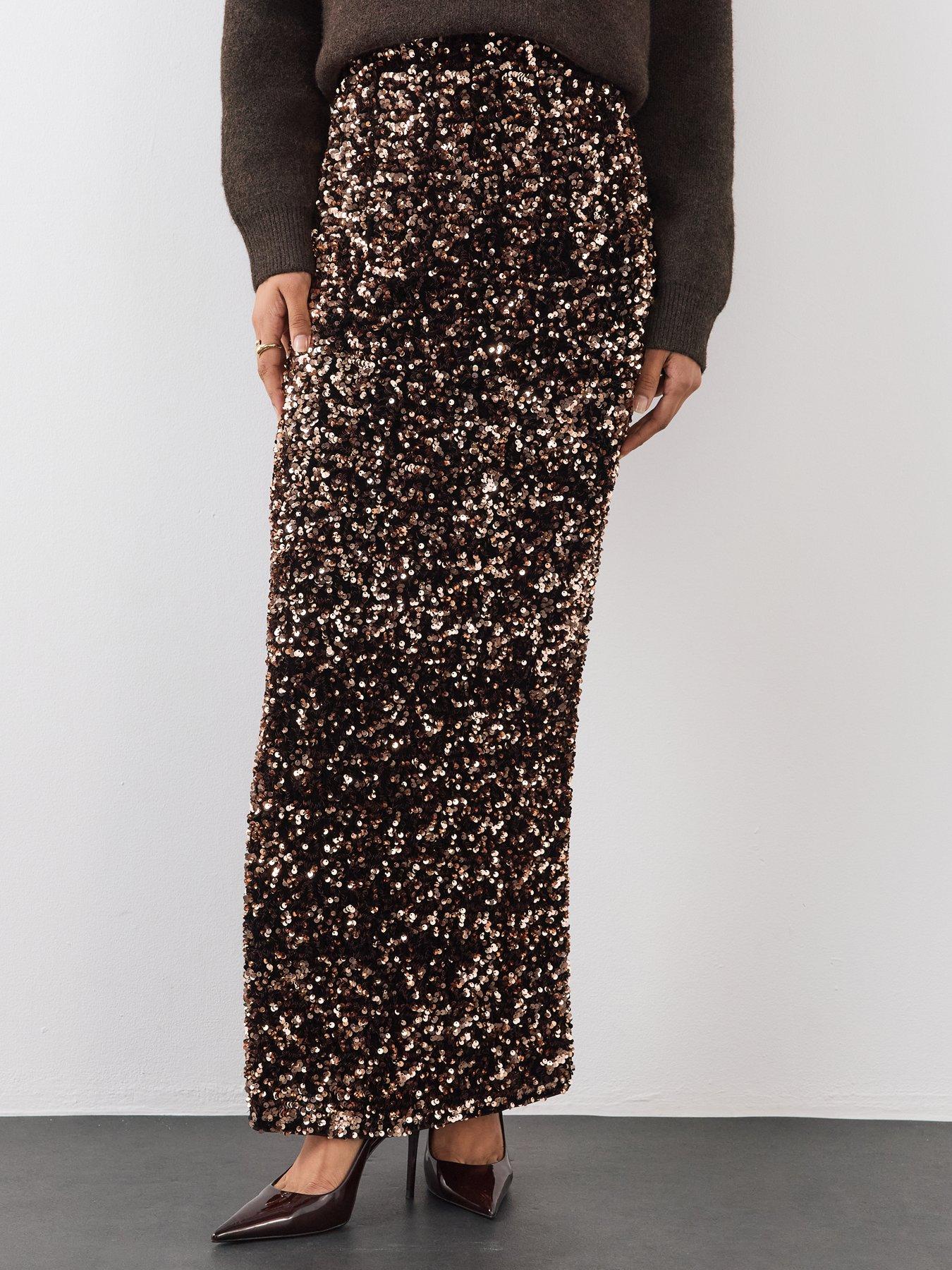 Image 4 of 6 of The Very Collection Womens Velvet Sequin Maxi Skirt - Brown