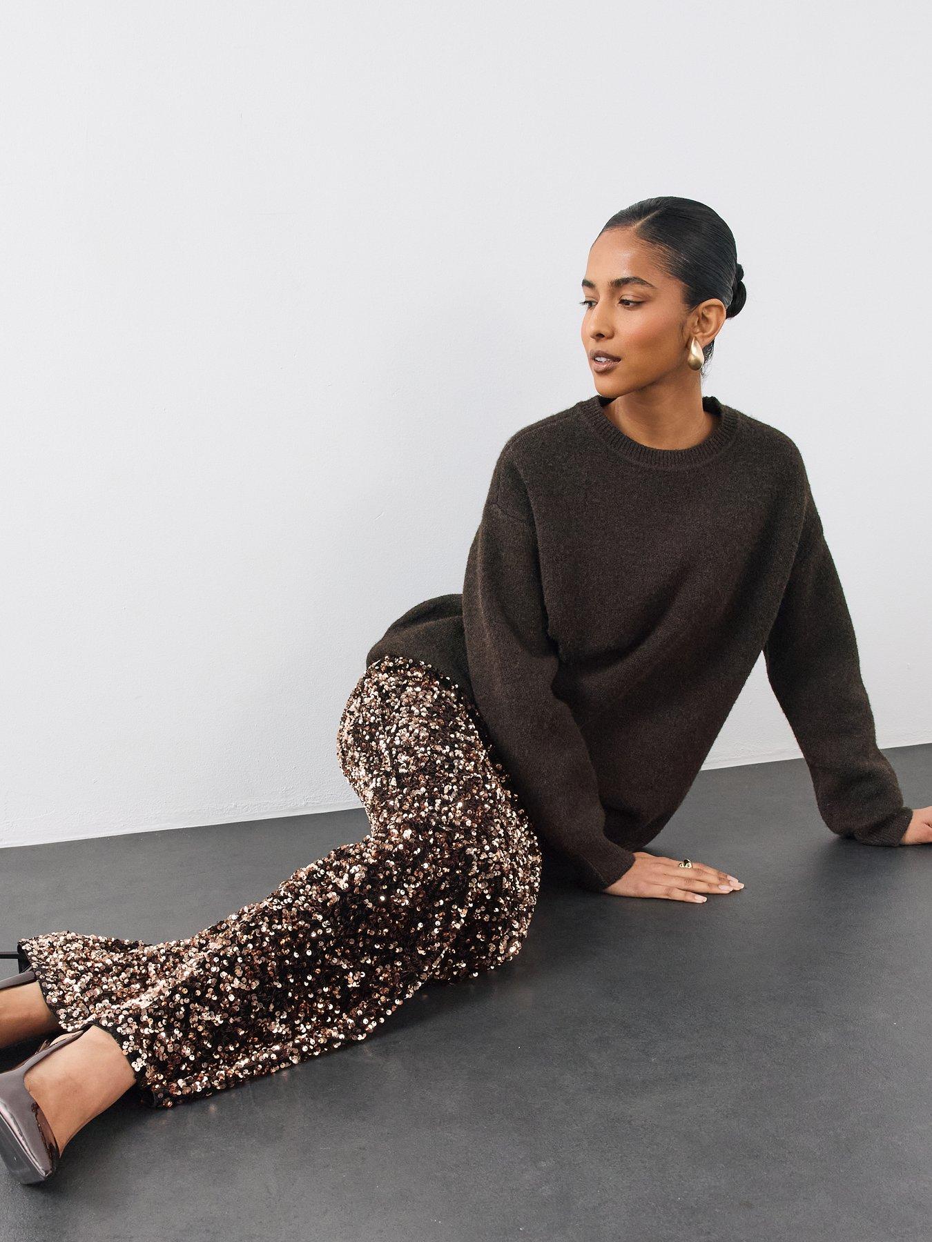 Image 5 of 6 of The Very Collection Womens Velvet Sequin Maxi Skirt - Brown