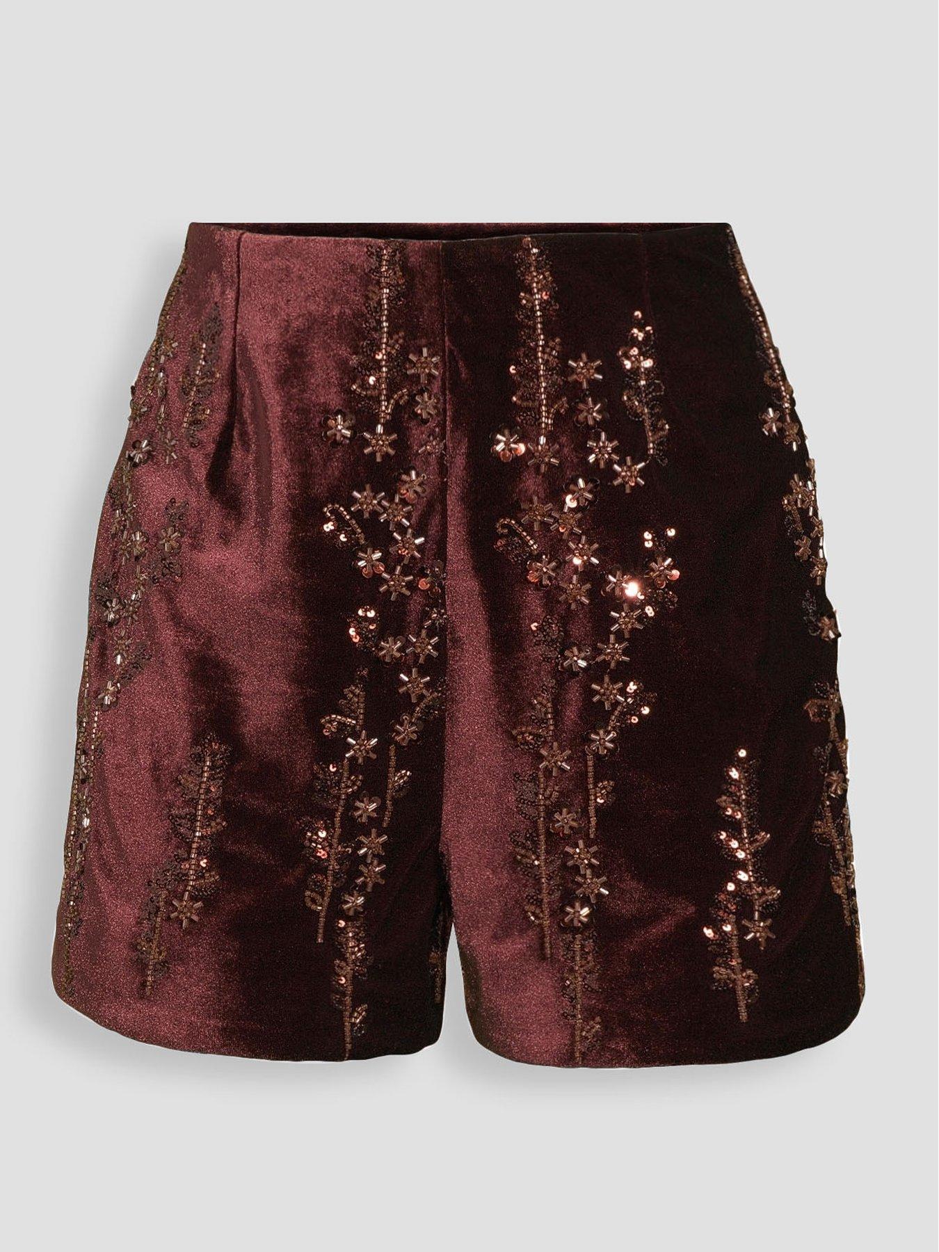 Image 7 of 7 of The Very Collection Womens Velvet Embellished High Waisted Shorts - Burgundy
