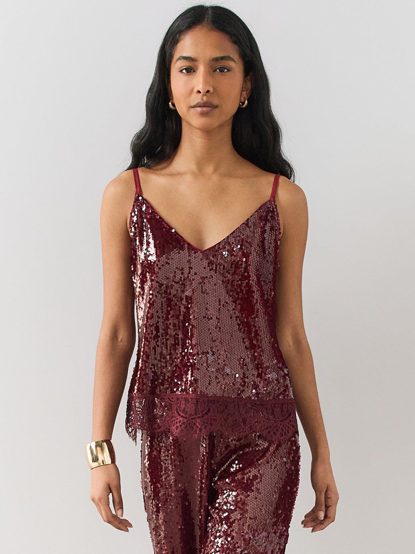Image 1 of 7 of The Very Collection Womens Lace Trim Sequin Cami Top - Burgundy
