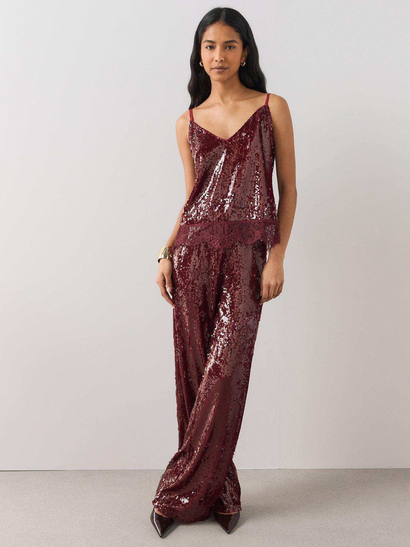 Image 6 of 7 of The Very Collection Womens Lace Trim Sequin Cami Top - Burgundy