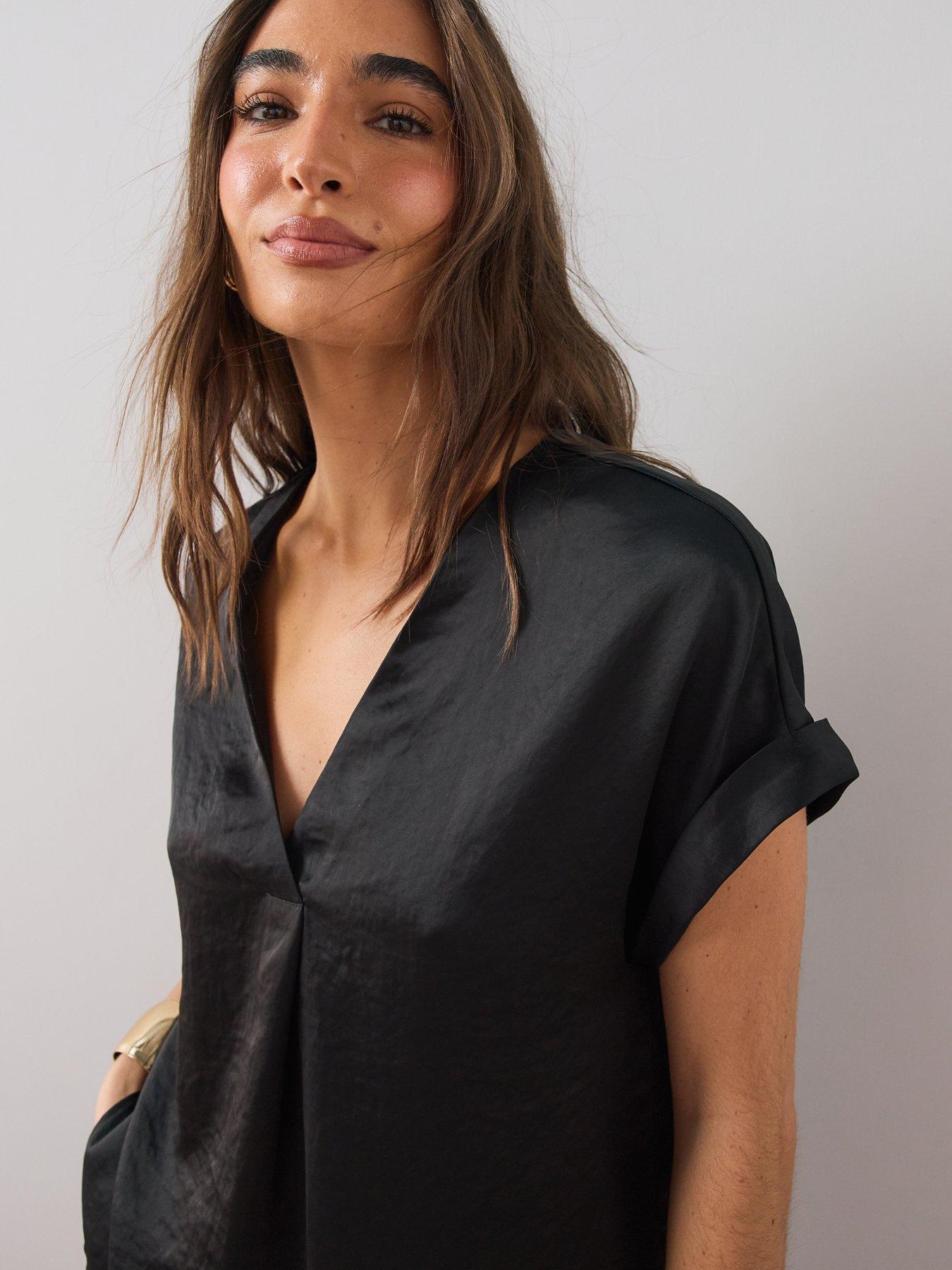 Image 4 of 6 of The Very Collection Womens V-Neck Satin Blouse - Black