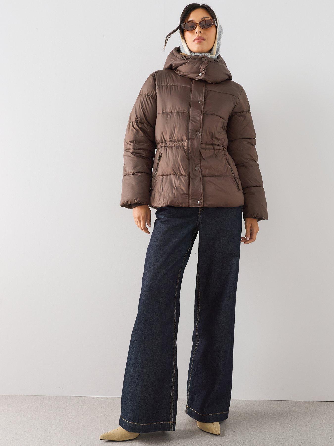 Image 3 of 7 of The Very Collection Short Waist Detail Padded Coat - Brown