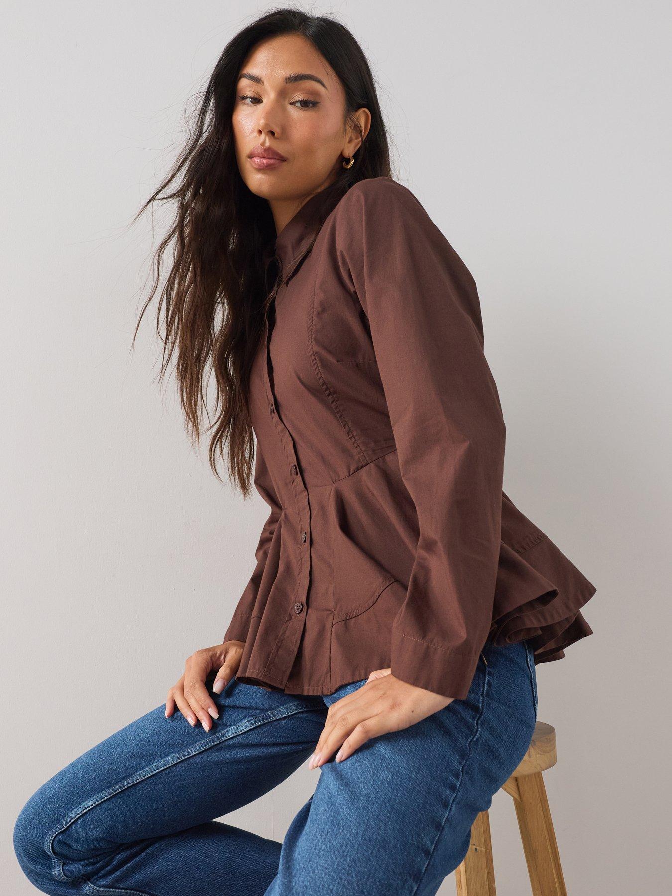 The Very Collection Cotton Peplum Hem Shirt - Brown