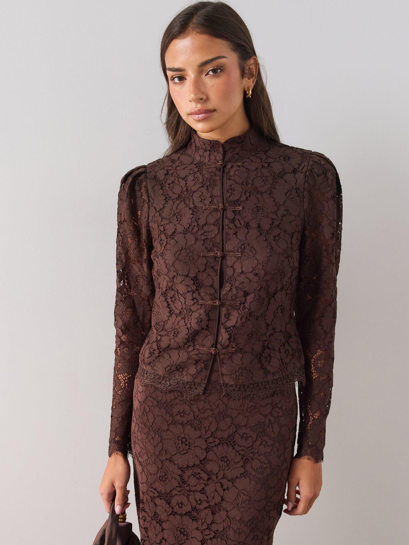 Image 1 of 7 of The Very Collection Womens Lace Mandarin Button-Through Blouse - Brown